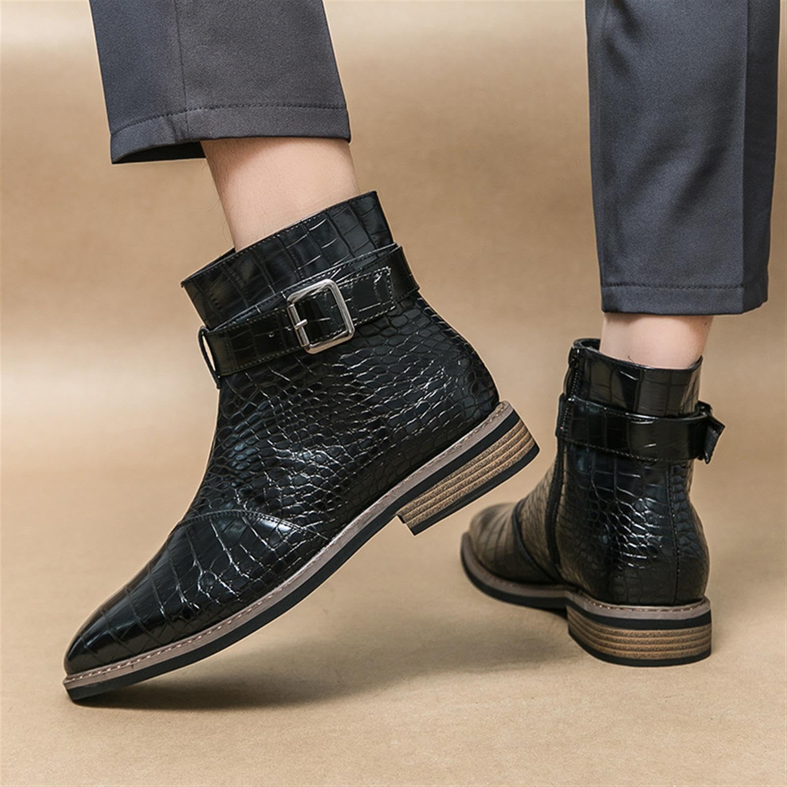 Stivaletti Uomo Stampa Coccodrillo Pelle Formale Chelsea Boots Fibbia Punta Affusolata Scarpe Eleganti Matrimonio Lavoro