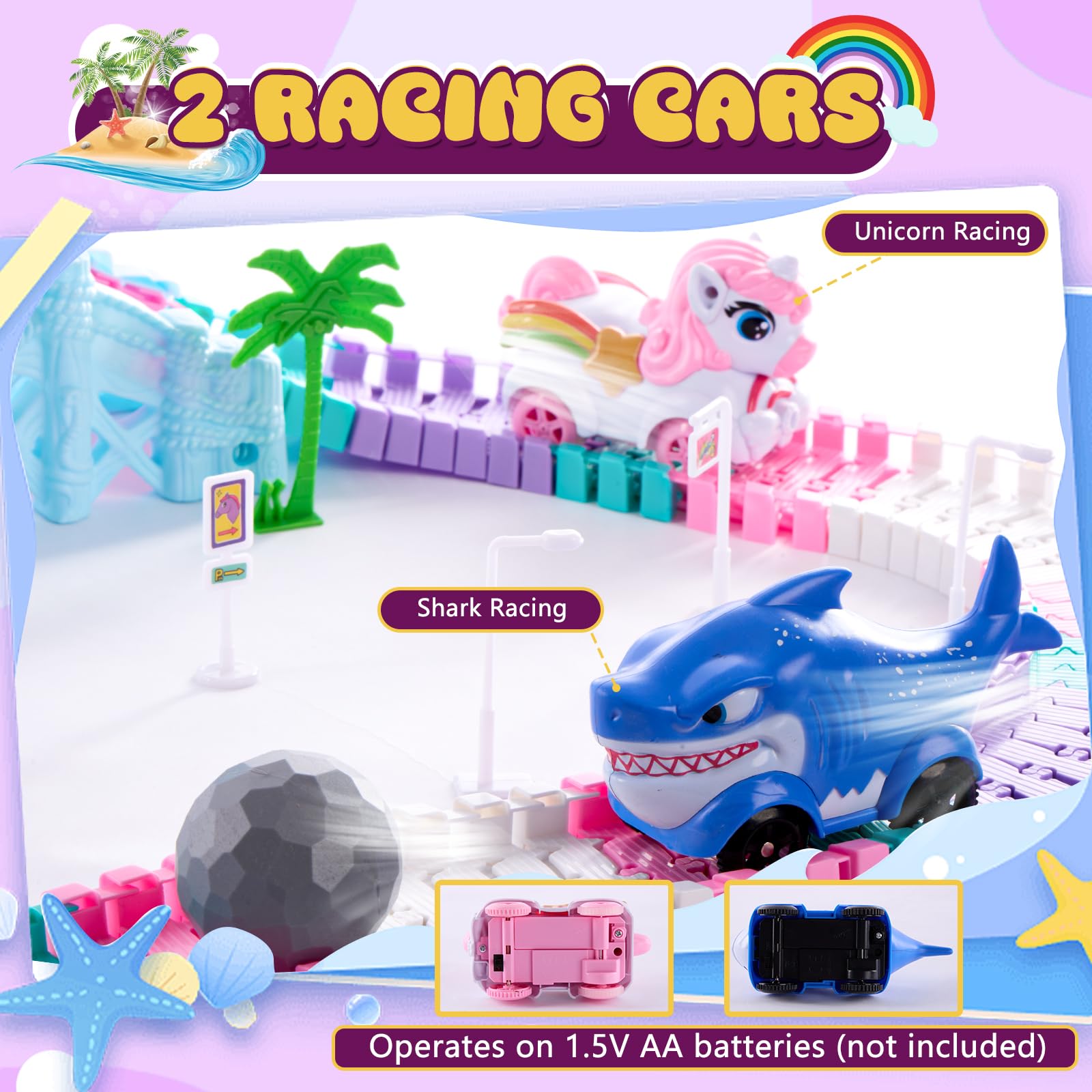 DIY Circuit Licorne 194 PCS – Piste Flexible et Modulable avec Voitures Requin & Balle, Jeu de Construction Créatif, Cadeau Licorne pour Filles et Garçons 3-12 Ans, Idée Cadeau Anniversaire Enfant
