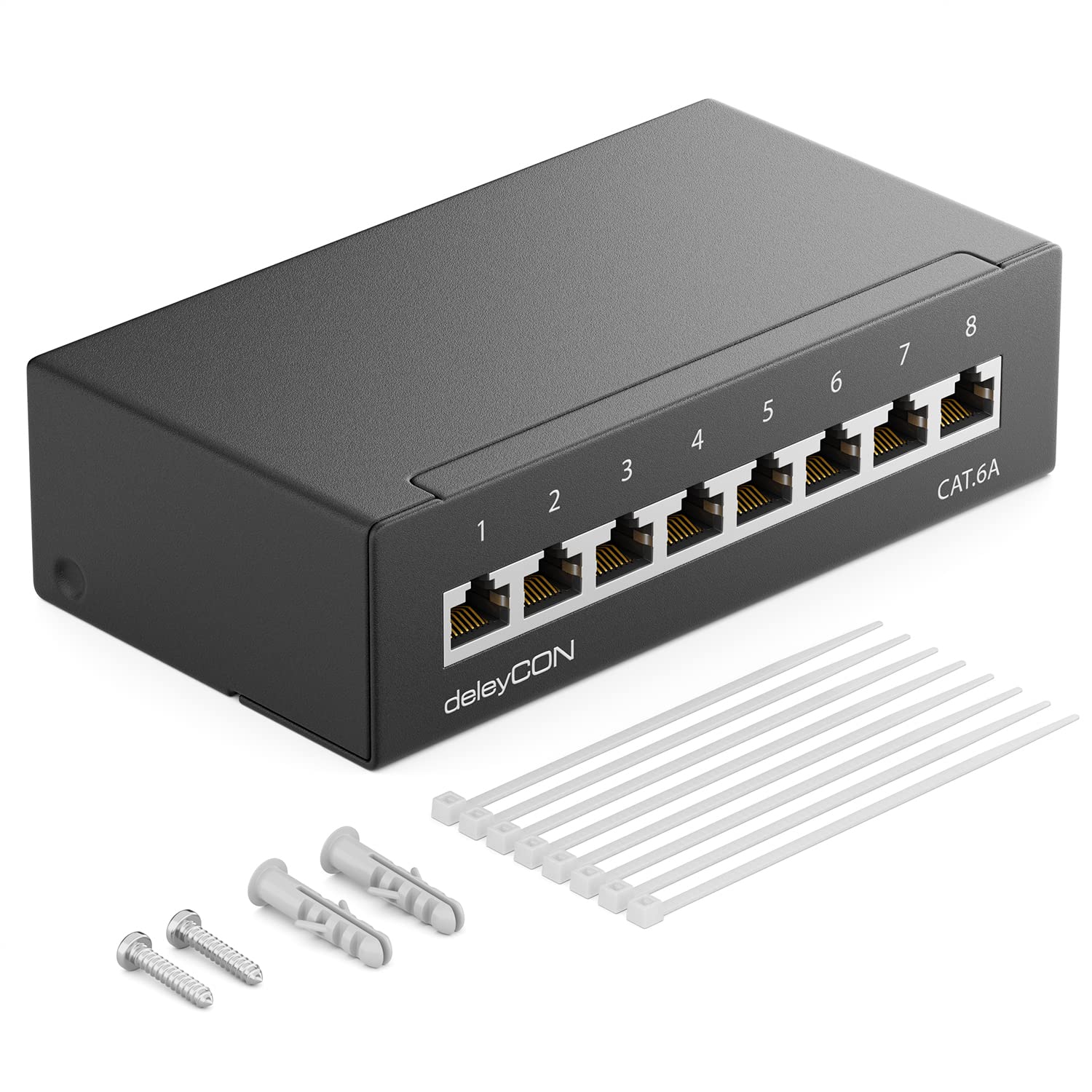 deleyCON CAT 6a Panneau de Brassage Panneau de Distribution 8 Ports 1 UH Desktop & Mural Blindé 8x Prise RJ45 LAN Câble D'installation Réseau TIA568A TIA568B RAL 9005 Noir