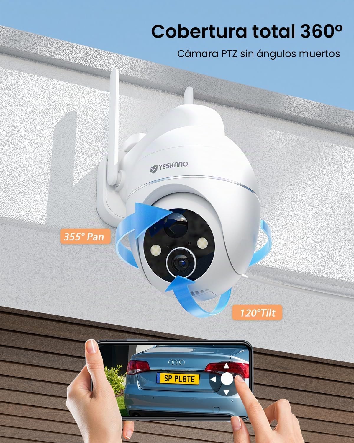 YESKANO 2K Camara Vigilancia WiFi Exterior Solar con Bateria, 360°PTZ Camaras de Vigilancia sin Cables con Panel Solar, Visión Nocturna de Color, Detección de IA, PIR Sirena, Voz Bidireccional, IP66