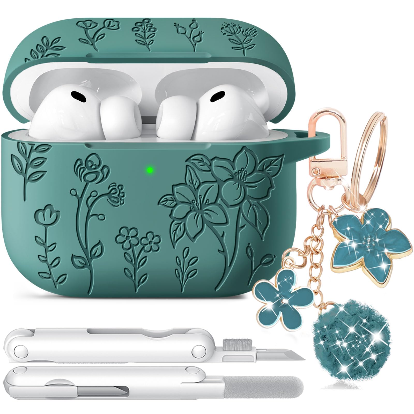 for Airpods Pro 3 Case, Flower Engraved Case Cover Compatible with AirPods Pro 3rd Generation 2025, Soft Silicone Cases with Cute Keychain &amp; Cleaner for Women Girly, Shockproof