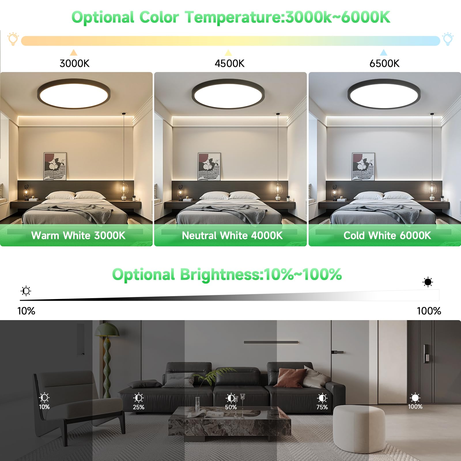 OTREN Lampa sufitowa LED do ściemniania 52 W, 5200 lm, z pilotem, trybem nocnym i funkcją pamięci, czarna 3000 K - 6500 K, wodoodporna IP44, do łazienki, kuchni i sypialni, 50 cm