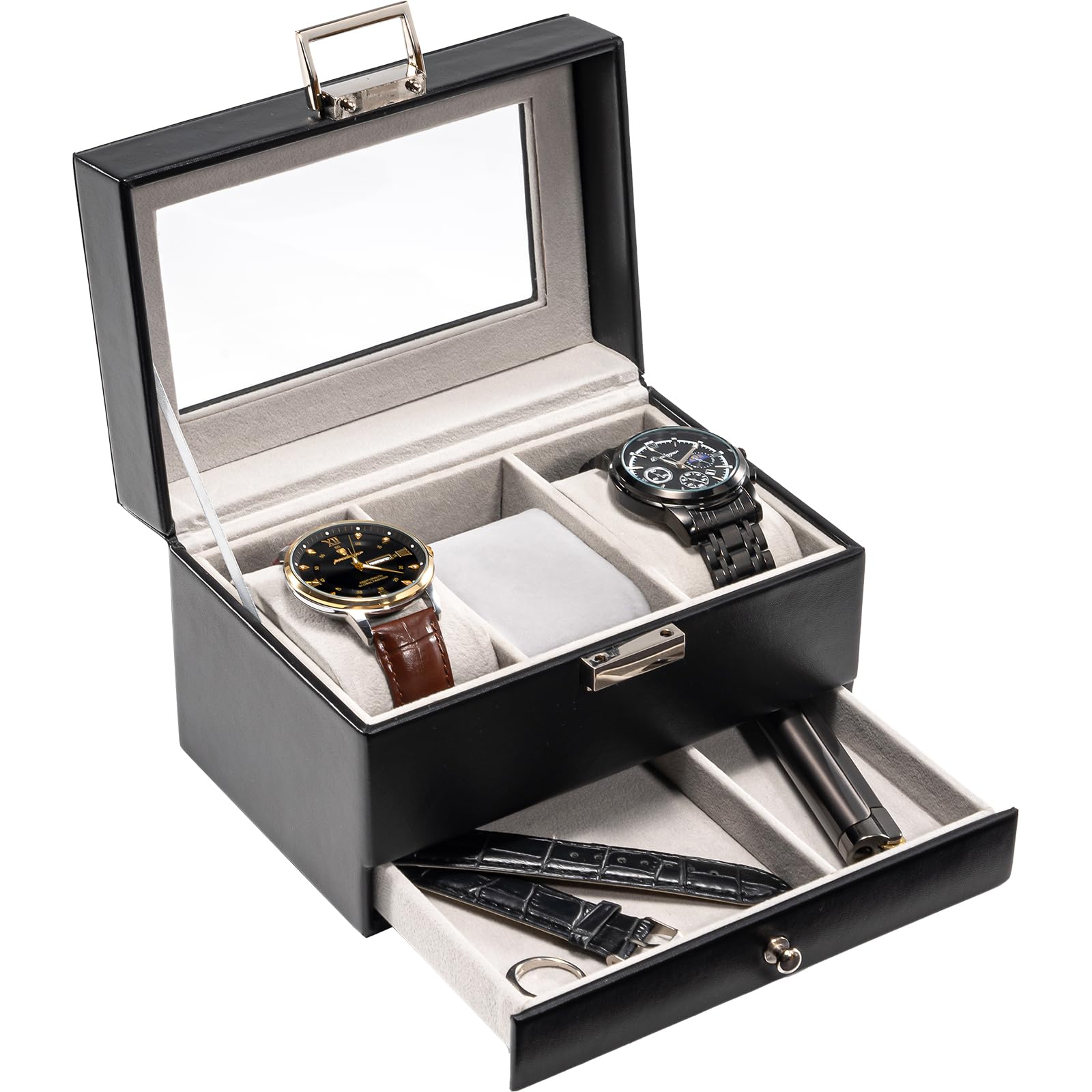 ProCase Watch Box Organizer for Man, 3 Slot Watch Display Case with Drawer, Man's Watch Box Watch Case Holder, 3 Watch Box Double-layer Jewelry and Watch Storage Case with Glass Lid -Black