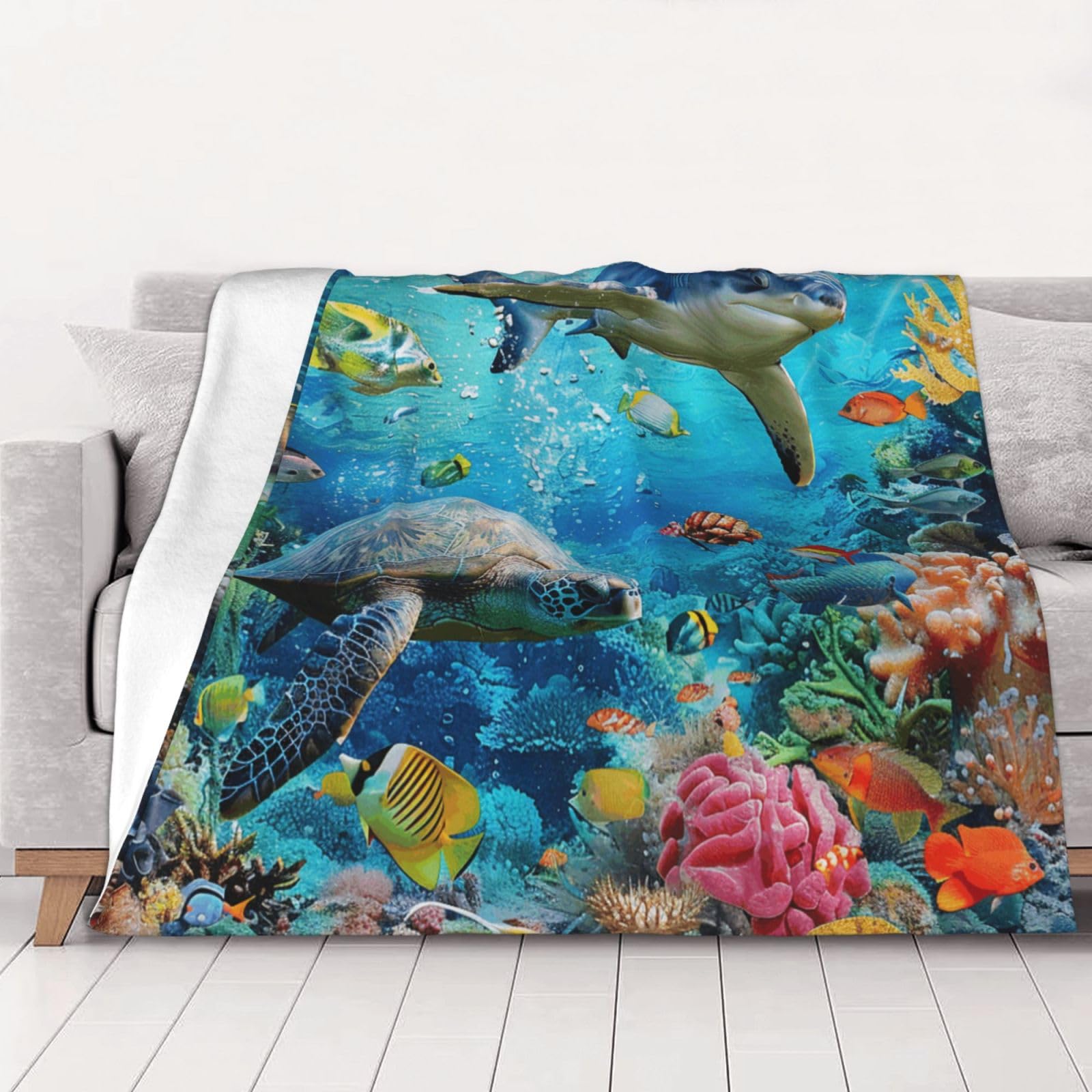 AUBKFELD Tropical Fish Turtle Printed Flannel Blanket 200x150 CM, Soft & Warm Throw Blanket for Sofa/Couch/Bed/Car, Gifts for Audlts Women Men