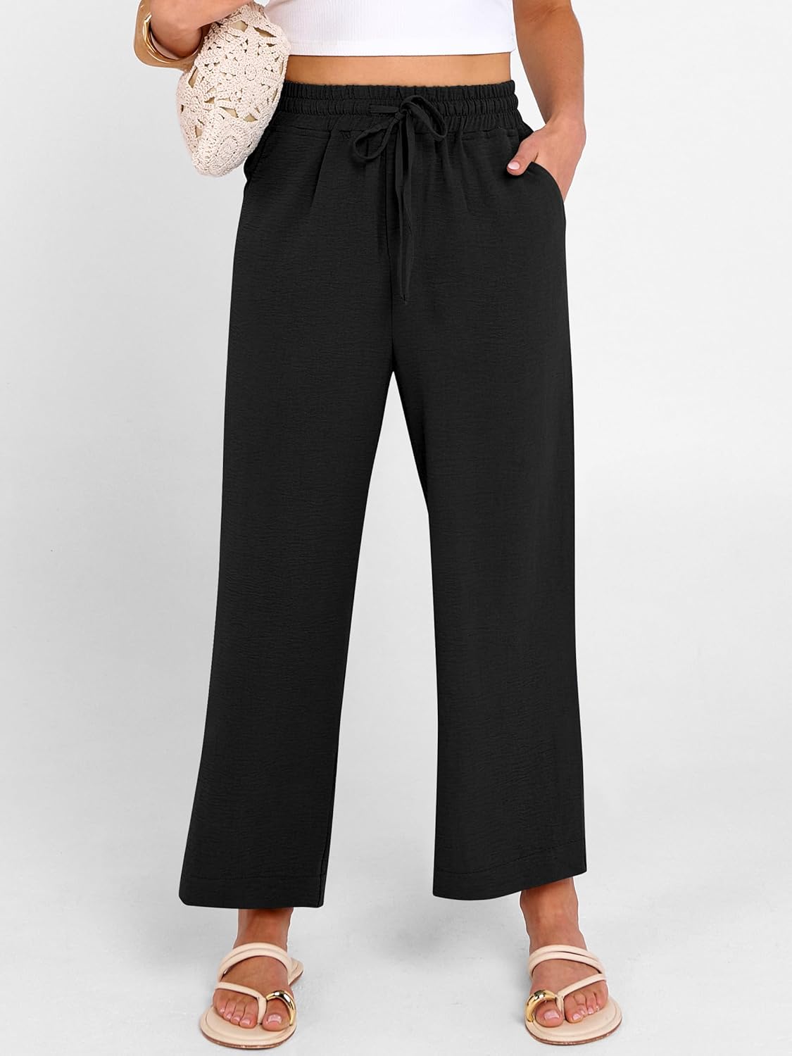 ANRABESS Women Wide Leg Capri Pants Summer Palazzo High Waisted Casual Loose Lounge Flowy Cropped Beach Trousers Work Outfits - Image 6