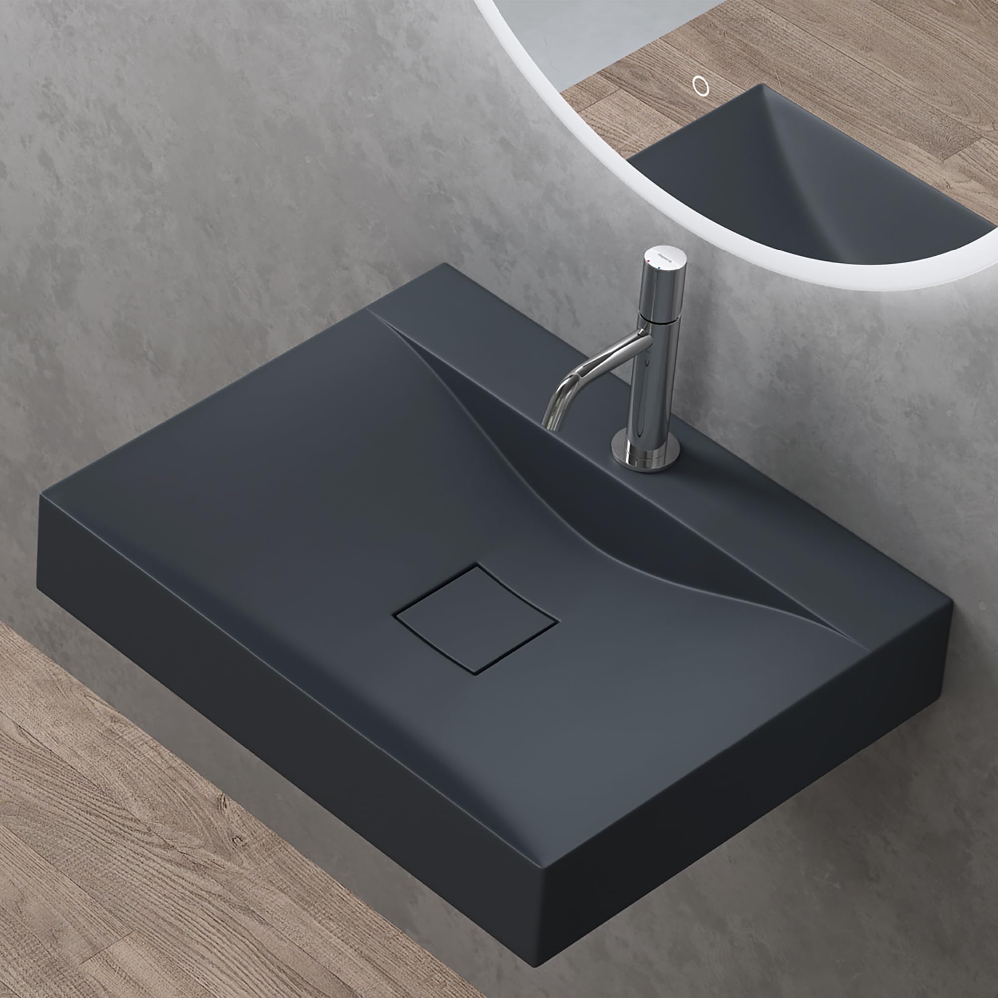 doporro Vasque à Poser 60cm avec Bonde Lavabo Suspendu Gris Noir Mat Colossum810 Fonte Minérale Solid Surface 60x48x12cm