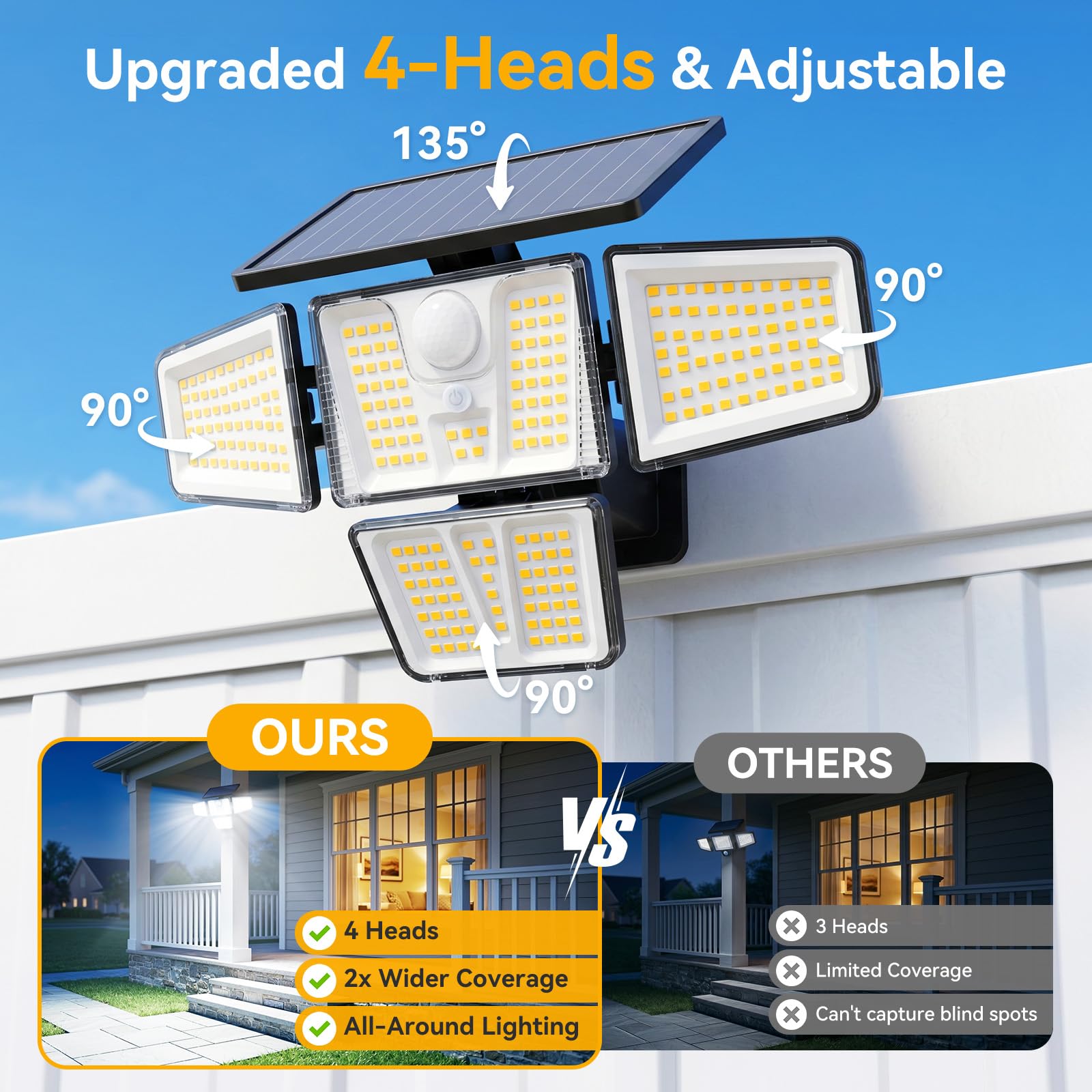 4 Stück Solarlampen für Außen mit Fernbedienung, 257 LEDs Außenlampe mit bewegungsmelder, 3 Modi, 4 Verstellbare Lampenköpfe, IP65 Wasserdichte Solarleuchte für Garage, Garten, Hof, Rasen