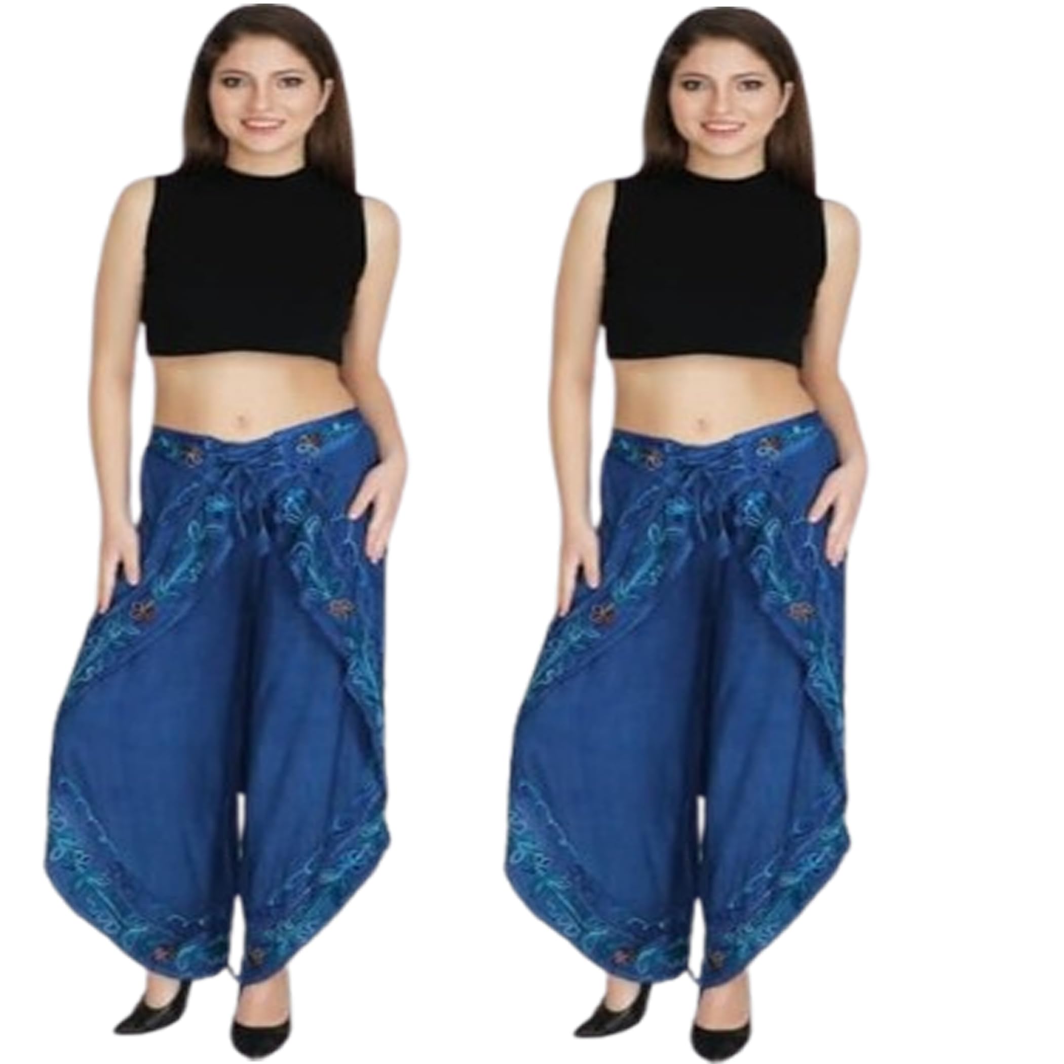 ukal 2Pcs Women's Wrap Style Wide Leg Yoga Palazzo Pants Dhoti Trouser, Floral Border Print-picture-22