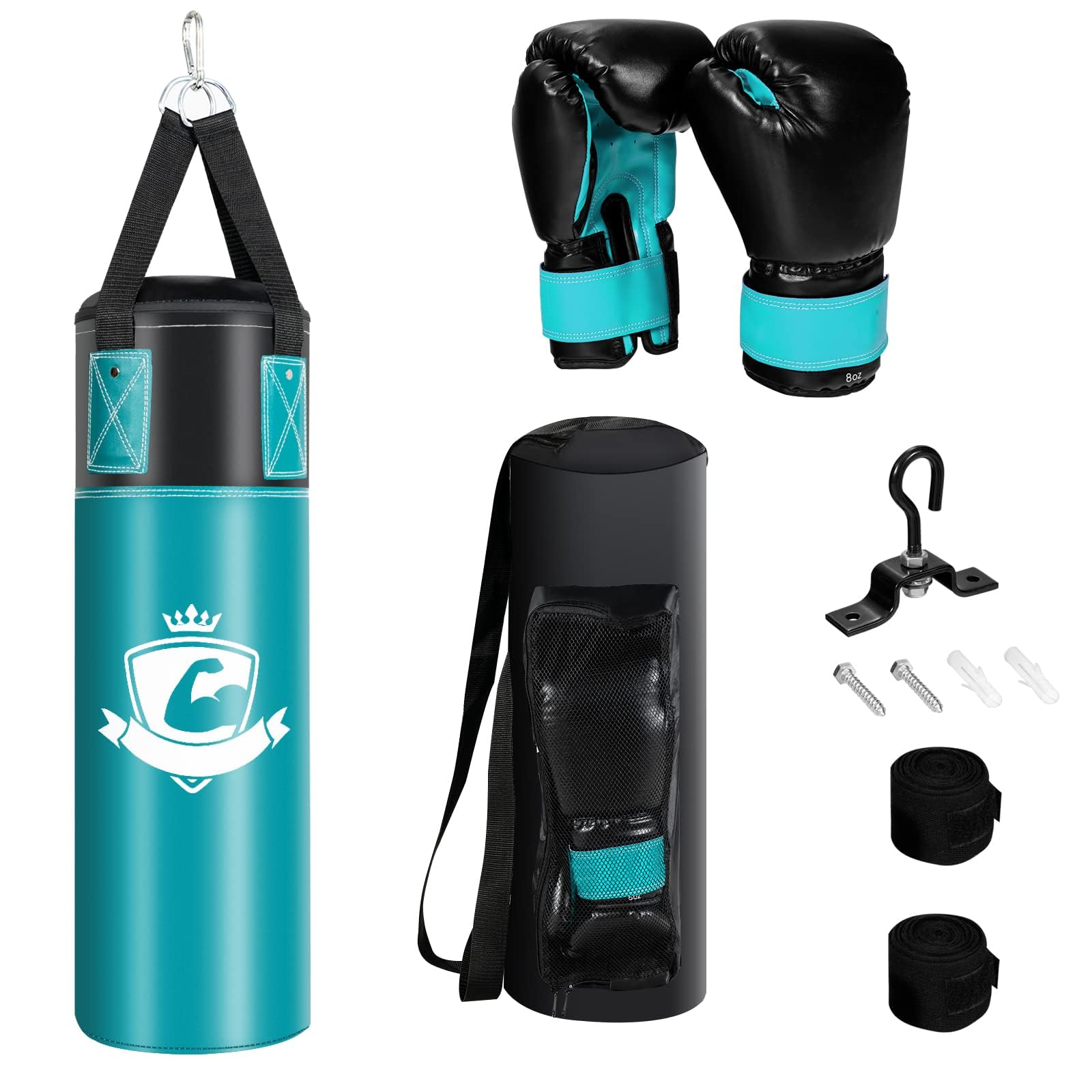 COSTWAY Kinder Boxsack Set mit 8oz Boxhandschuhen & Handschlaufen & Tasche, Punchingsack für Karate, Kickboxen, Taekwondo