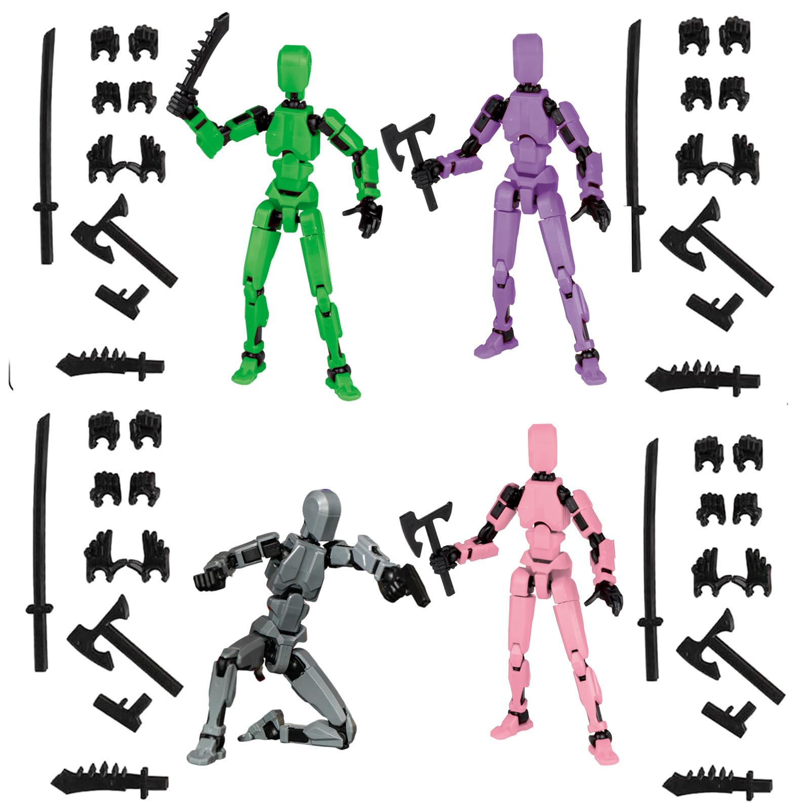 Plexaris 4pcs Action Figure Toys, Freedom Multi Articular Action Figures, Portable and Easy to Use T13 Action Figure Office Decor Dummy 13, Robot Toy 3D Printed Toys with 28 Accessories