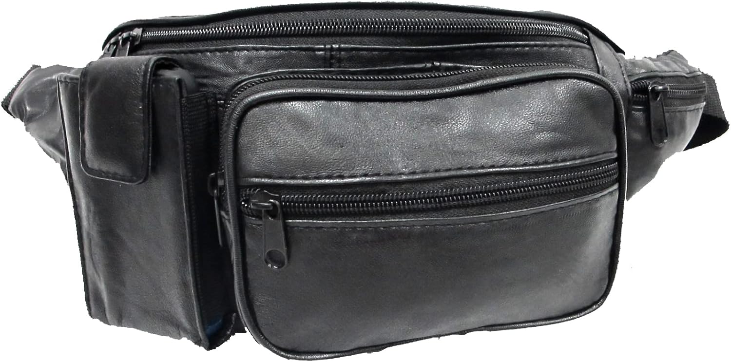 5 Zipper Pockets Deluxe Genuine Leather Waist Bag Fanny Pack w/Water Bottle Holder -BLACK
