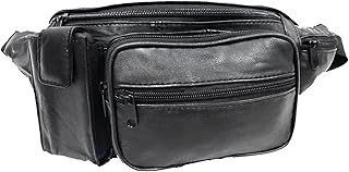 5 Zipper Pockets Deluxe Genuine Leather Waist Bag Fanny Pack w/Water Bottle Holder -BLACK - Fanny Pack