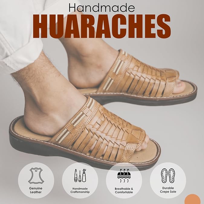 Mexico en la Piel Handmade Leather Huaraches for Men - Slip-On Open Toe Sandals - Comfortable, Breathable, Lightweight, Water Resistant, Tan Color - Sizes 7US -12US