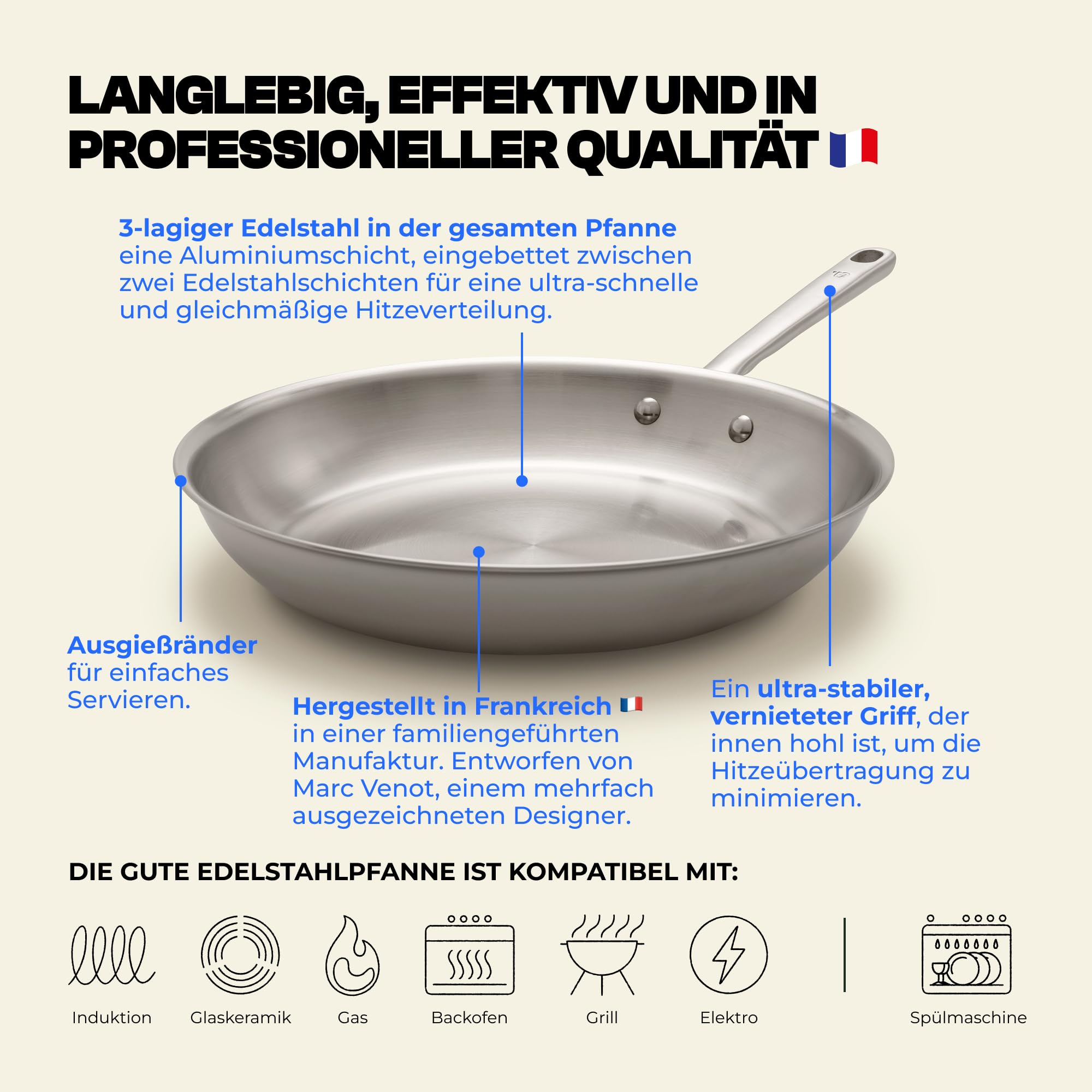 Atma - 3er Set Pfannen Edelstahl 20/26/28 cm - 3-lagig - PFAS- & PTFE-frei