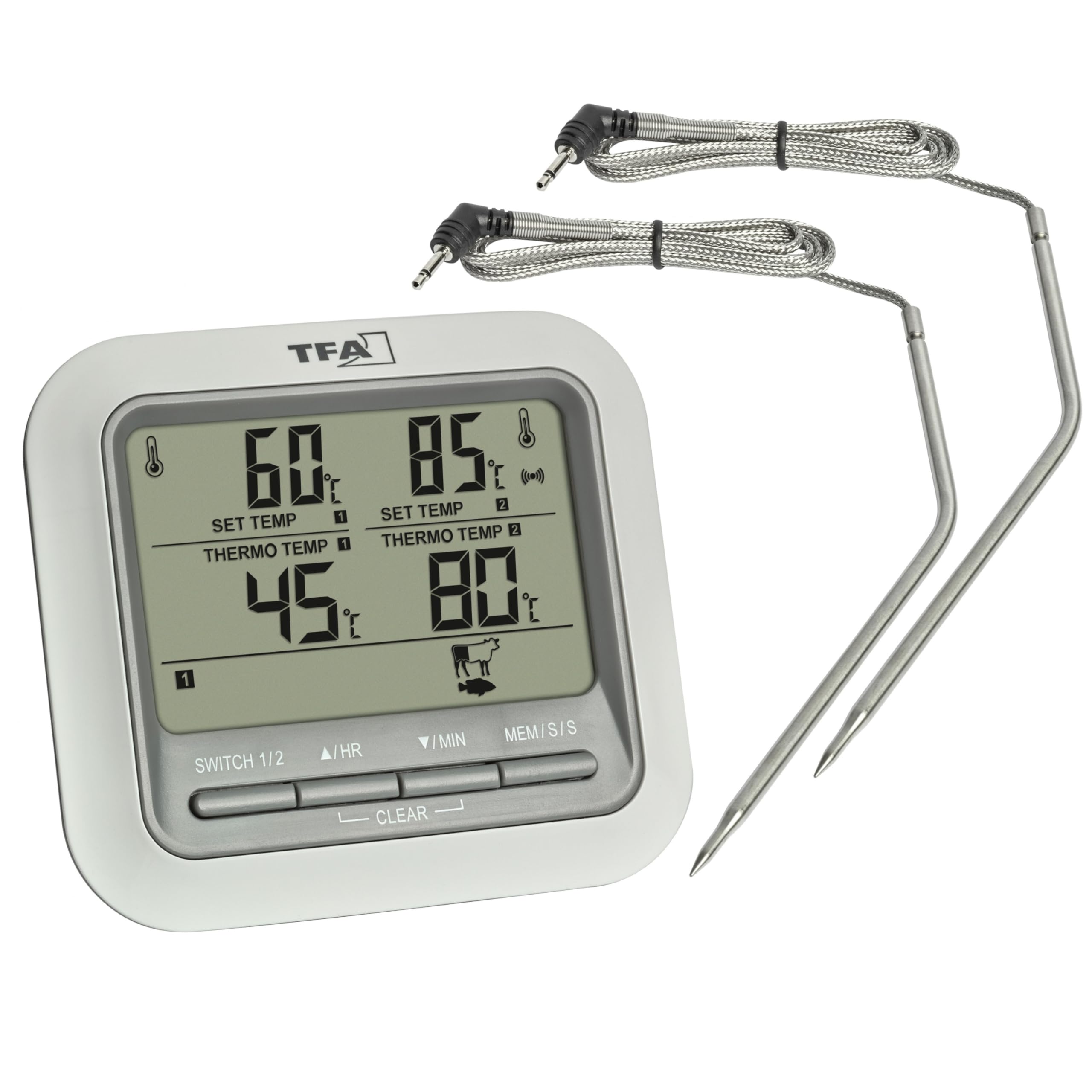 TFA Dostmann Termometro digitale per arrosti, 14.1516, con 2 sonde in acciaio inox, termometro per carne, fino a 300°C, con funzione di allarme, manzo/maiale/pollo/pesce (bianco con batterie)