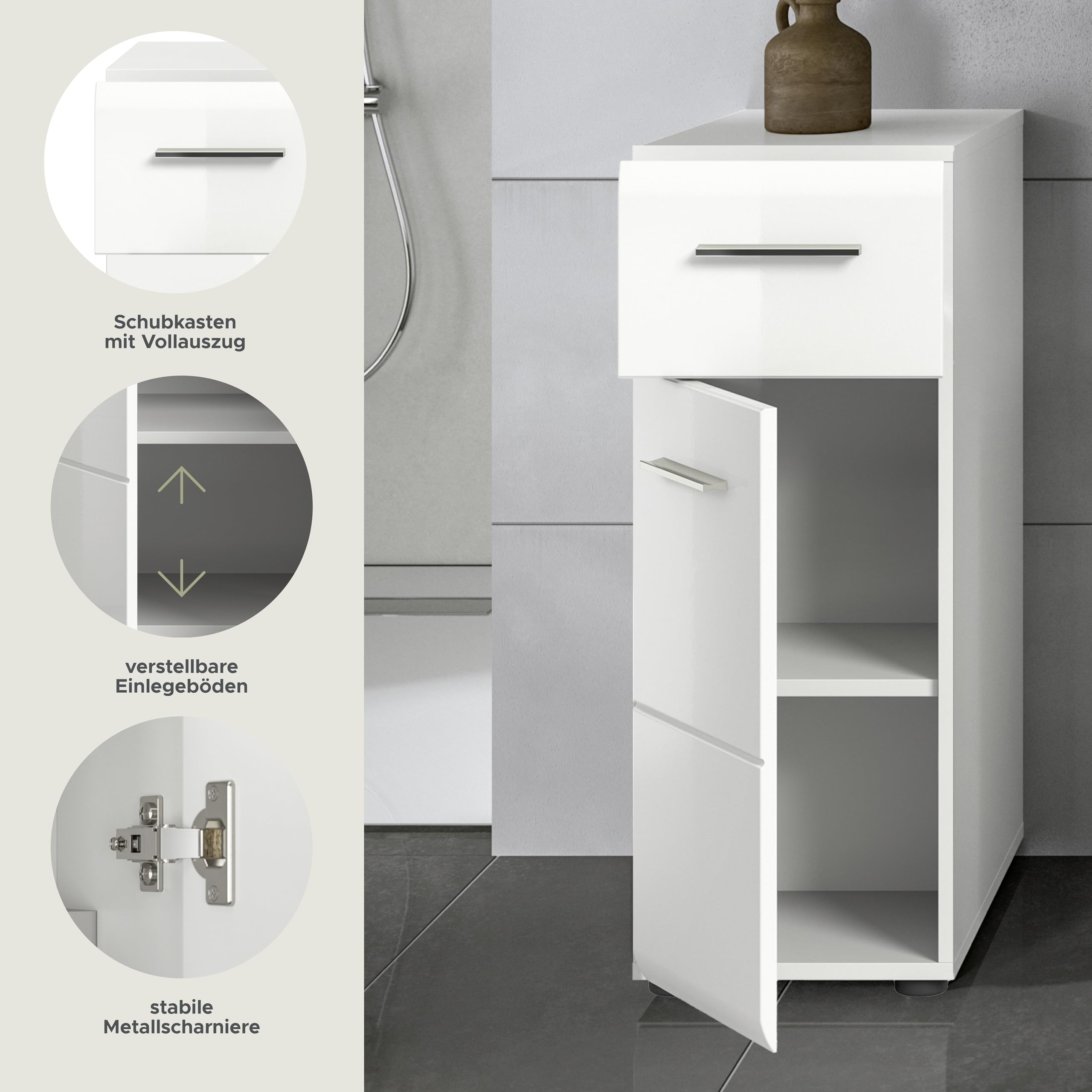 xonox.home - Kommode Ice 30x80x30 cm in weiß Hochglanz Tiefziehfront - Standschrank Badschrank schmal - praktisch und platzsparend – Bild 8