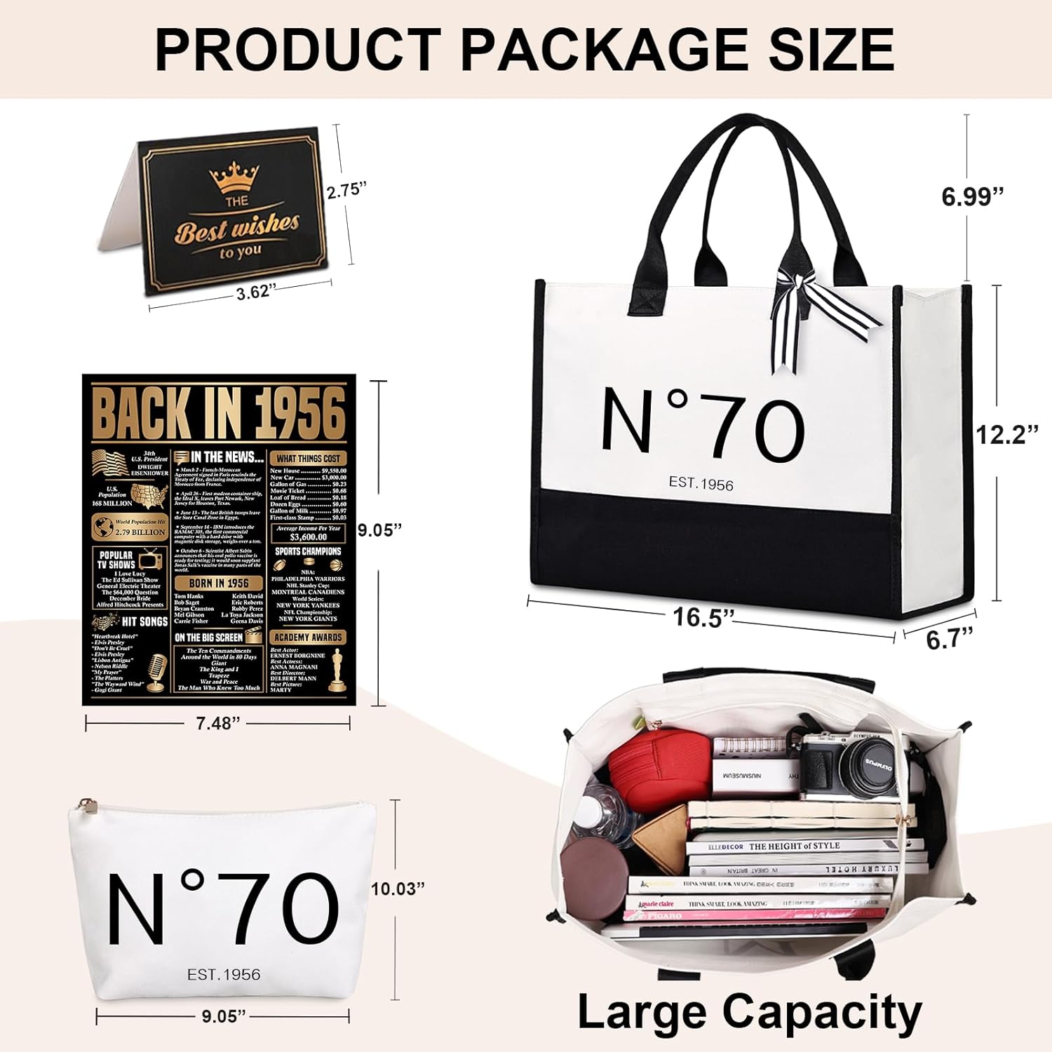 Lamyba 70th Birthday Gifts for Women, 70s Birthday Decorations for Her/Ladies/Wife/Mom/Grandma, Back in 1956 Poster, no 70 Tote Bag - Image 3