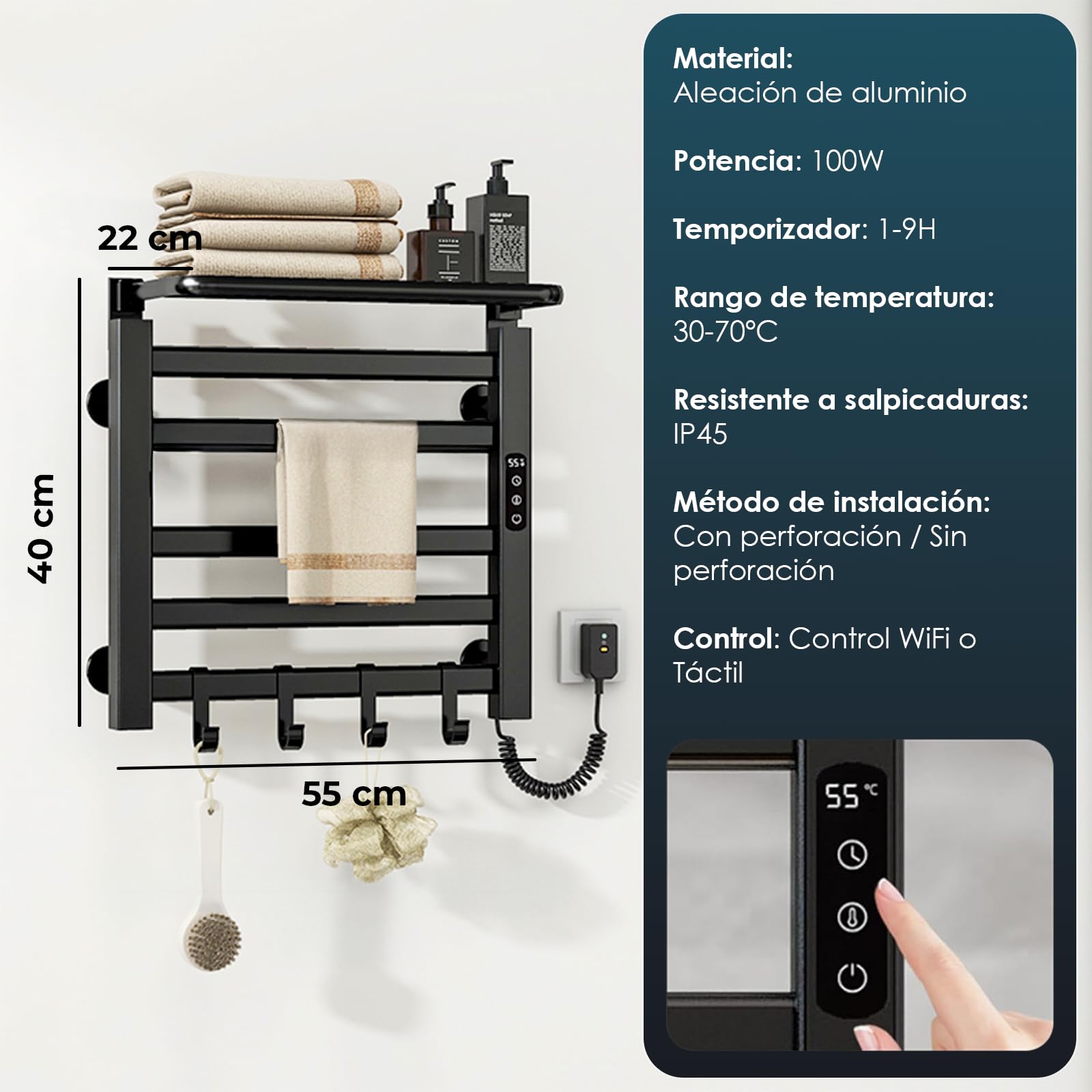 YOEVU | Toallero eléctrico | 100W, Compatible con Alexa | Estante Superior | Pantalla LCD táctil, Control WiFi, Montaje en Pared | Aleación de Aluminio, Negro