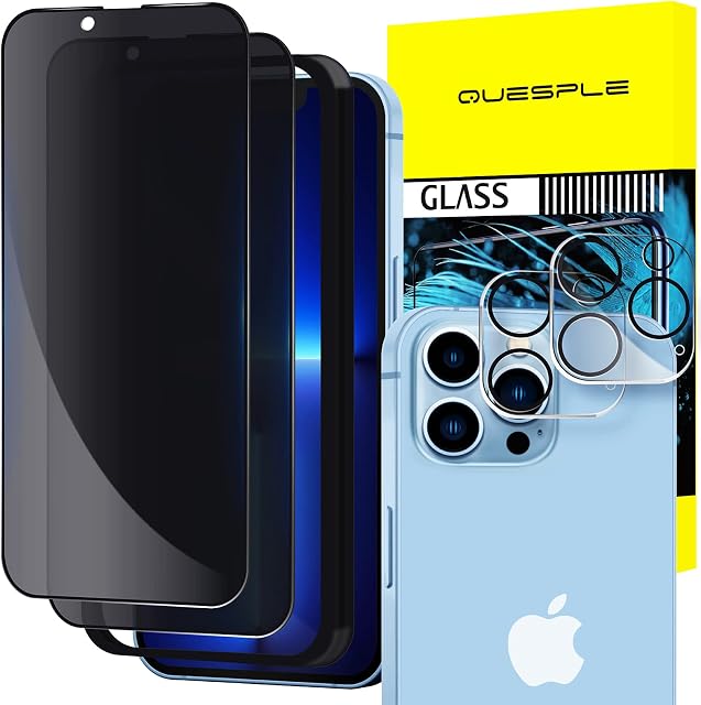 QUESPLE [2+2 Pack] Privacy Screen Protector for iPhone 13 Pro Max 6.7-Inch with Camera Lens Protector, (Privacy Glass) Anti-Spy Tempered Glass Film with Install Tool [Anti-Scratch]