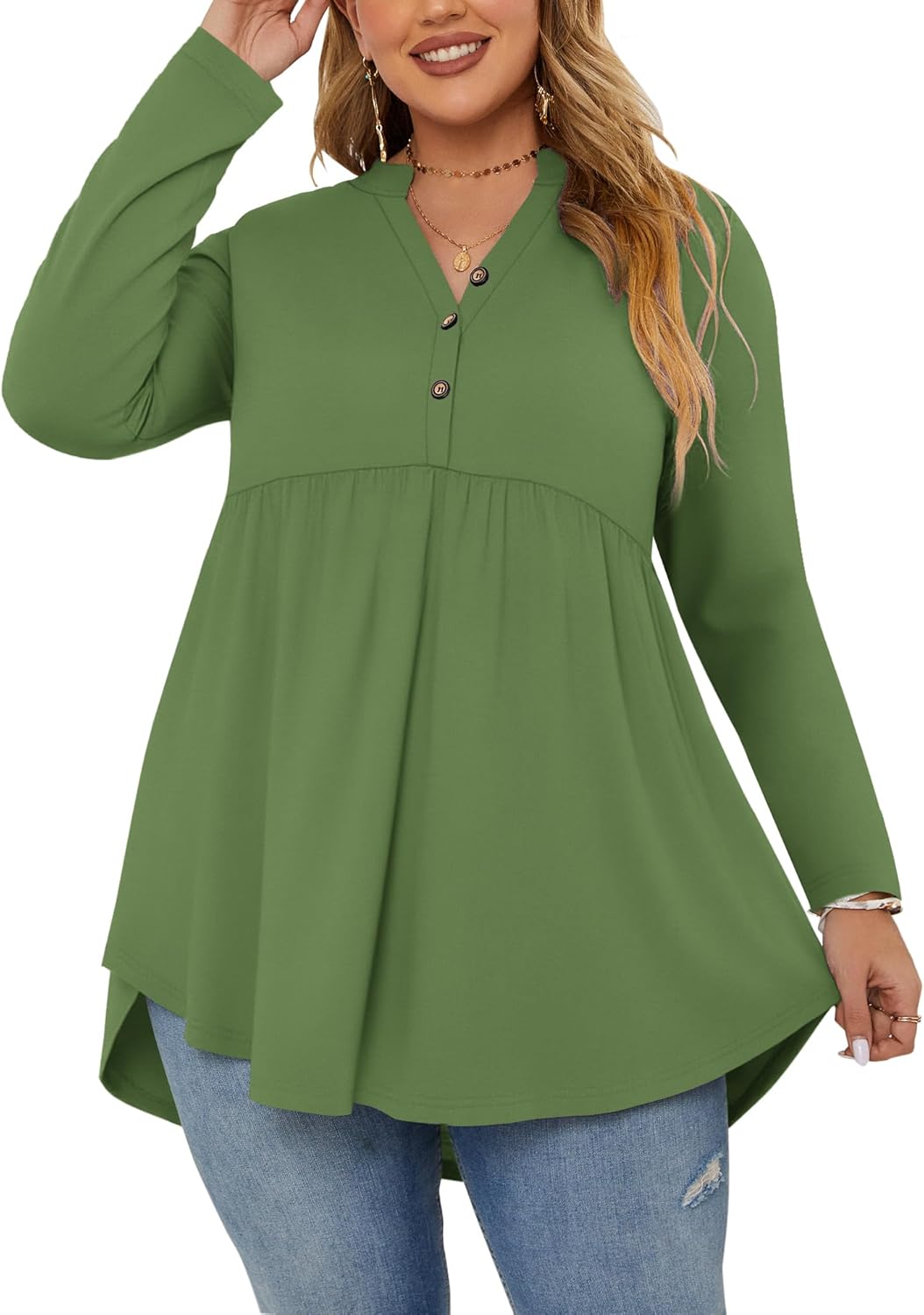 PLOKNRD Women's Plus Size Tops Long Sleeve Henley V Neck Button Up Flowy T Shirts Tunic Loose Blouses - Image 2