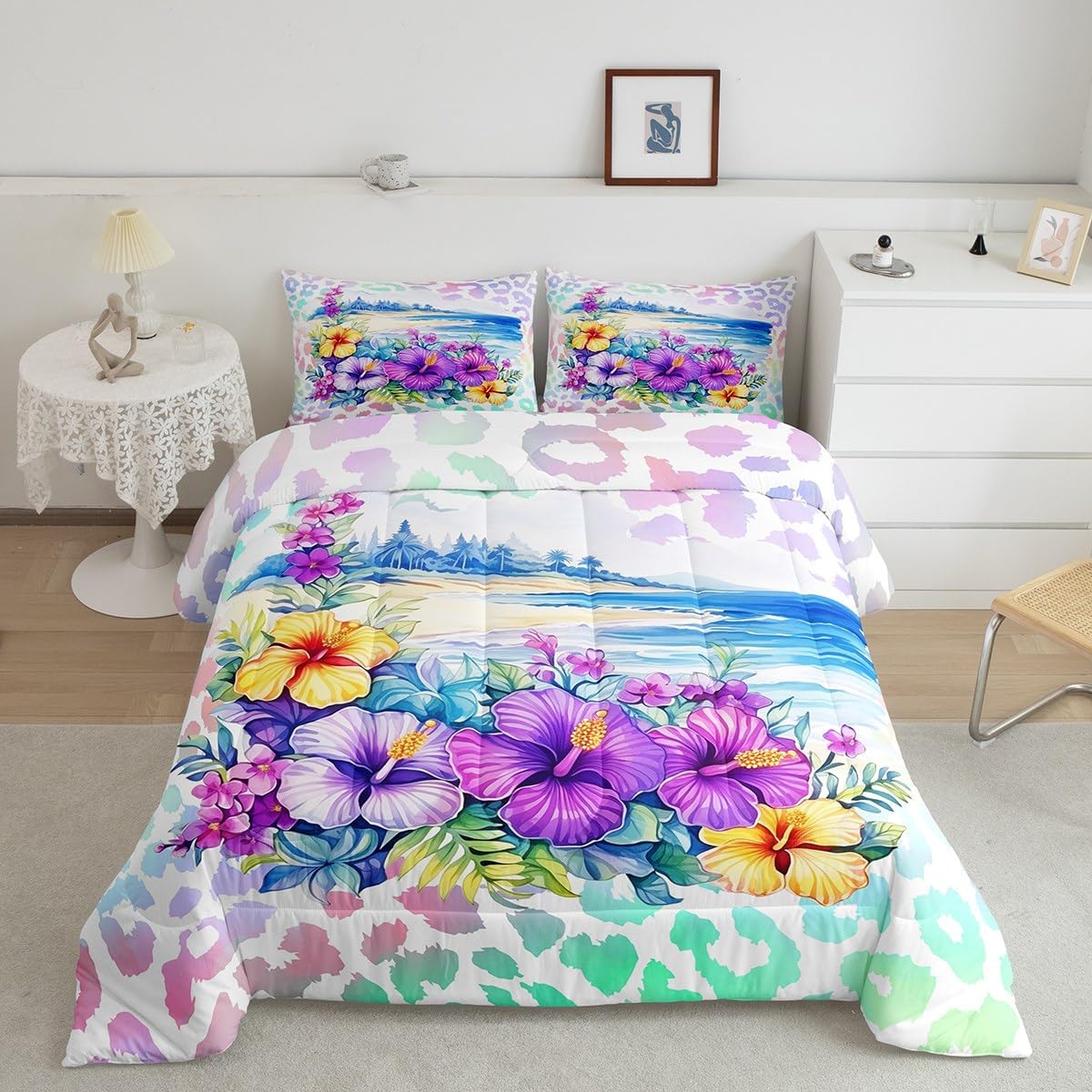 Castle Fairy Summer Beach Bedding Set Queen Size Watercolor Leopard Print Comforter Blue Sea Wave Palm Comforter Set Blooming Flowers Duvet Set 3Pcs Quilt Set 1 Comforter Set with 2 Pillowcase