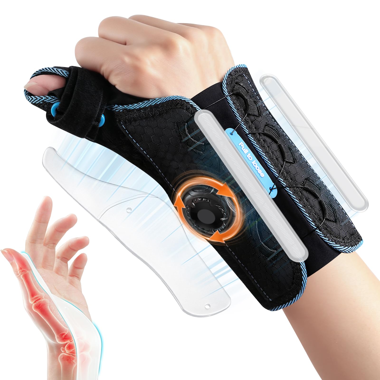 Muñequera Tunel Carpiano, 3 Estabilizadores, Mano Derecha-Azul | Ajuste para una Circunferencia Máx Muñeca 7.87", Muñequera Para Tendinitis con Botón Giratorio, Para Hombres Mujeres