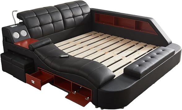 Multifunctional Queen Size Bed Frame, Modern Luxury Smart Bed with Massage Recliner/Music Speaker/USB Port/Storage Drawers, Adjustable Leather Upholstered Headboard, Black
