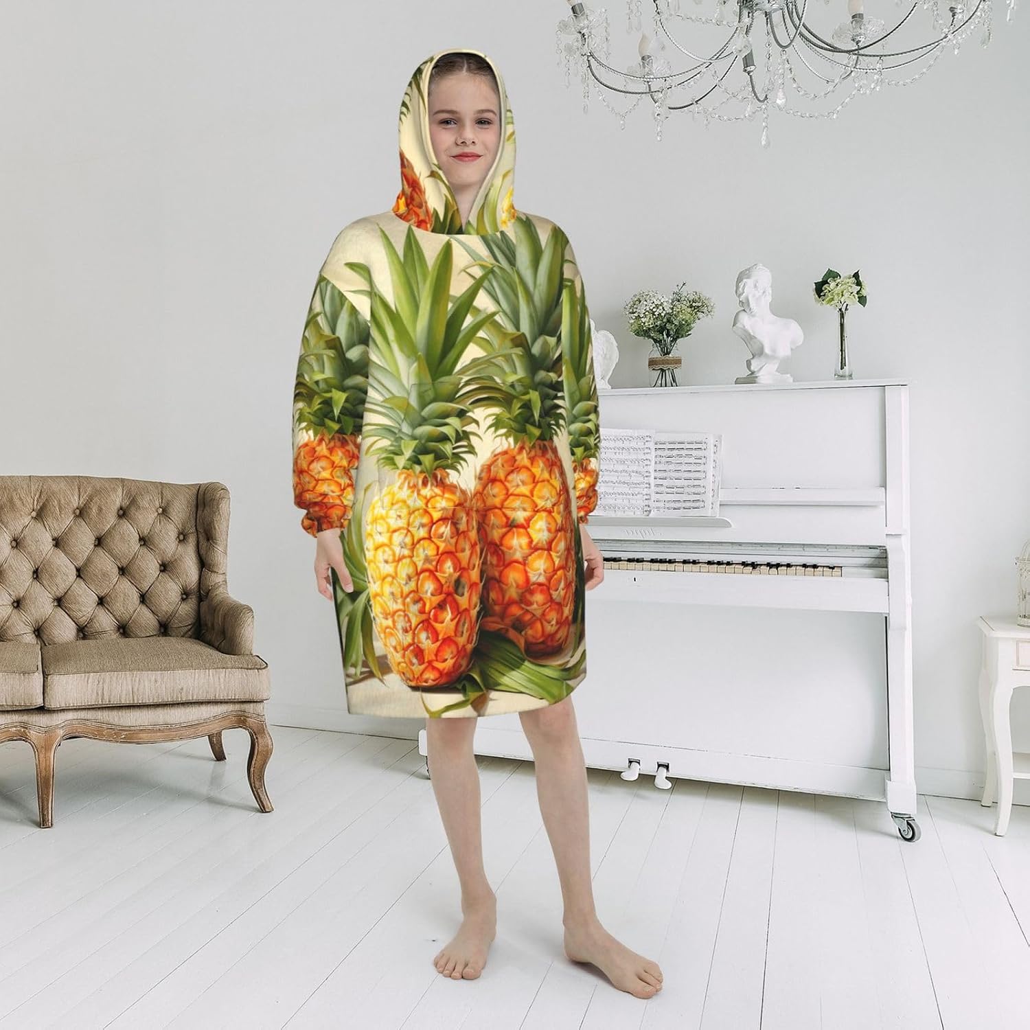 Pineapple Painting Print Oversized Blanket Hoodie, Wearable Blanket Hooded,Hooded Pullover With Pocket