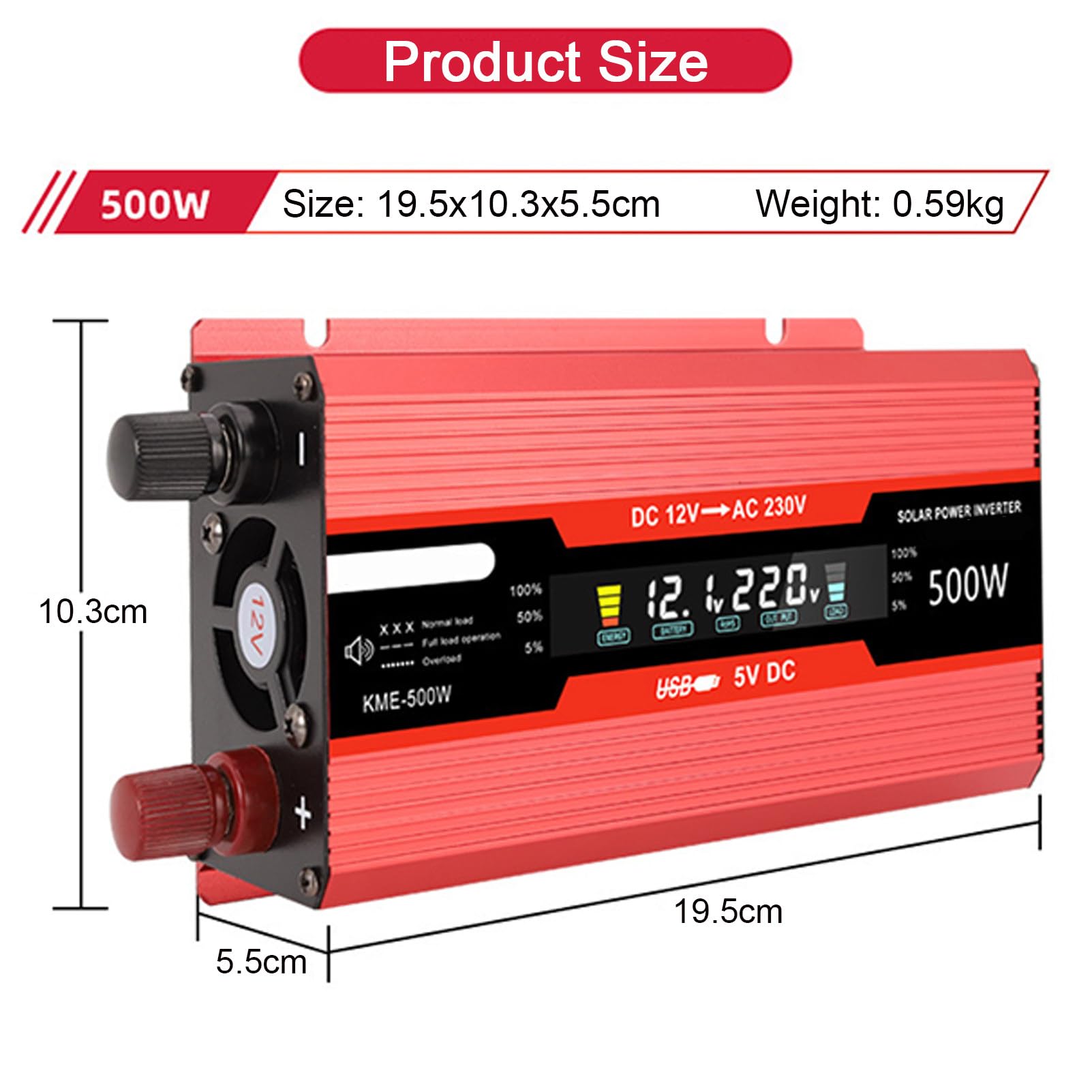 Onduleur 2000w DC 12V à 240V AC, convertisseur d'onde sinusoïdale modifiée, Affiche 1 Port de Charge USB et 1 Prise AC, chargez Votre Ordinateur Portable, Consoles et Autres,500W-12V
