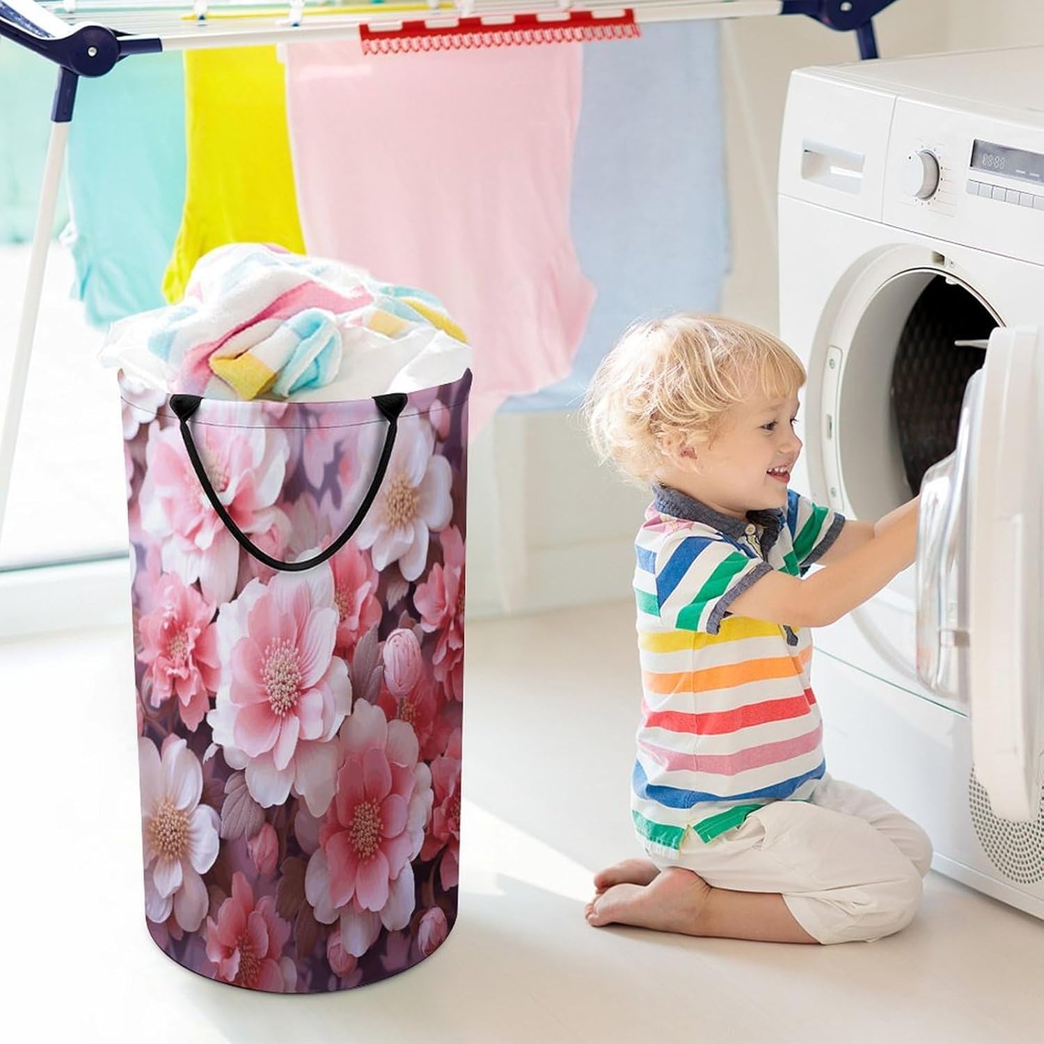 Pink Floral Large Capacity Laundry Baskets,Collapsible Clothes Hamper with Handles，Laundry Hampers for Bathroom,Bedroom,Towels