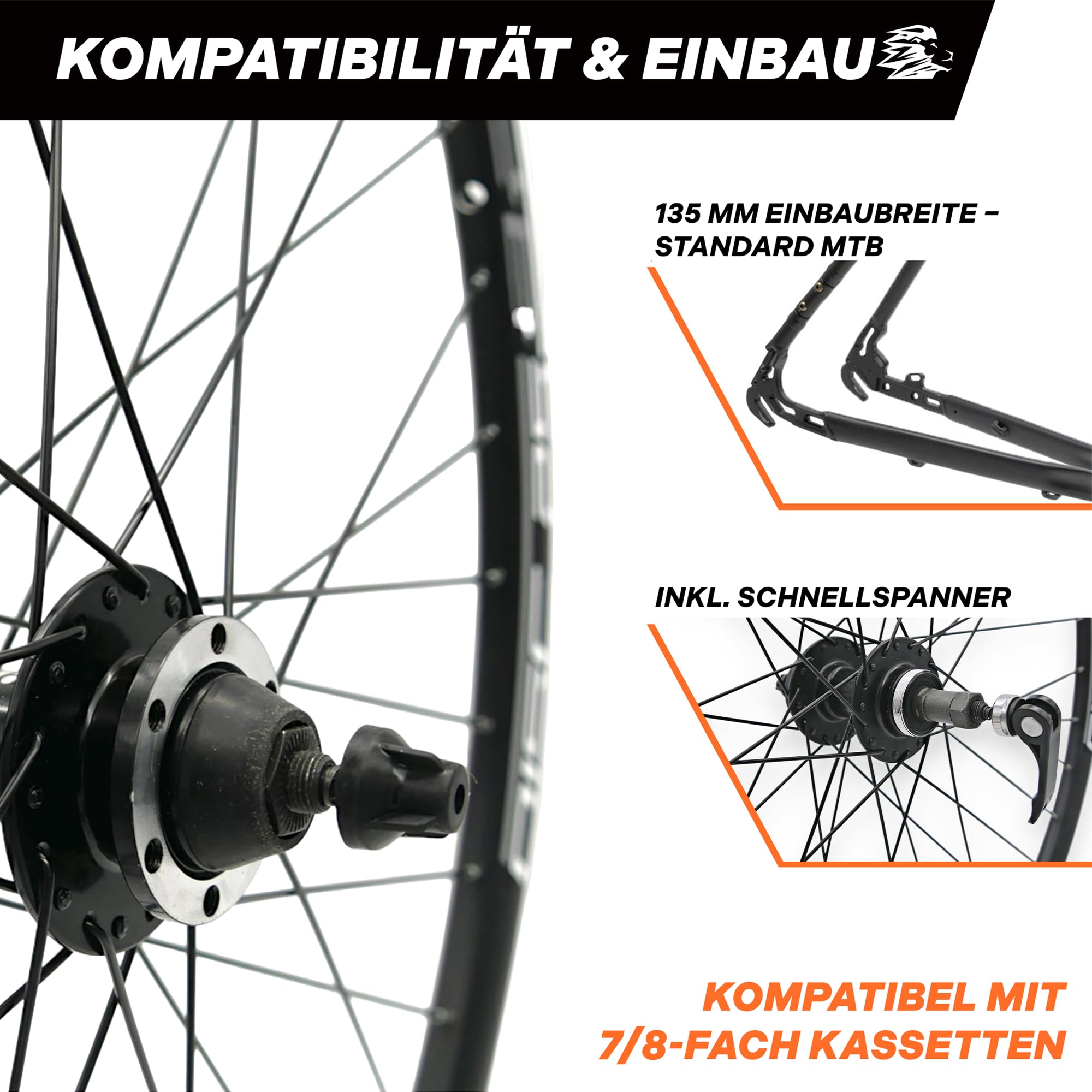 MTB Hinterrad 27,5 Zoll Fahrrad Laufrad - Scheibenbremse 6-Loch - QR 9/10×135 - Schraubkranz 7/8-fach – Alu Felge & Nabe - 36 Speichen - Schwarz - LOEVELOSI