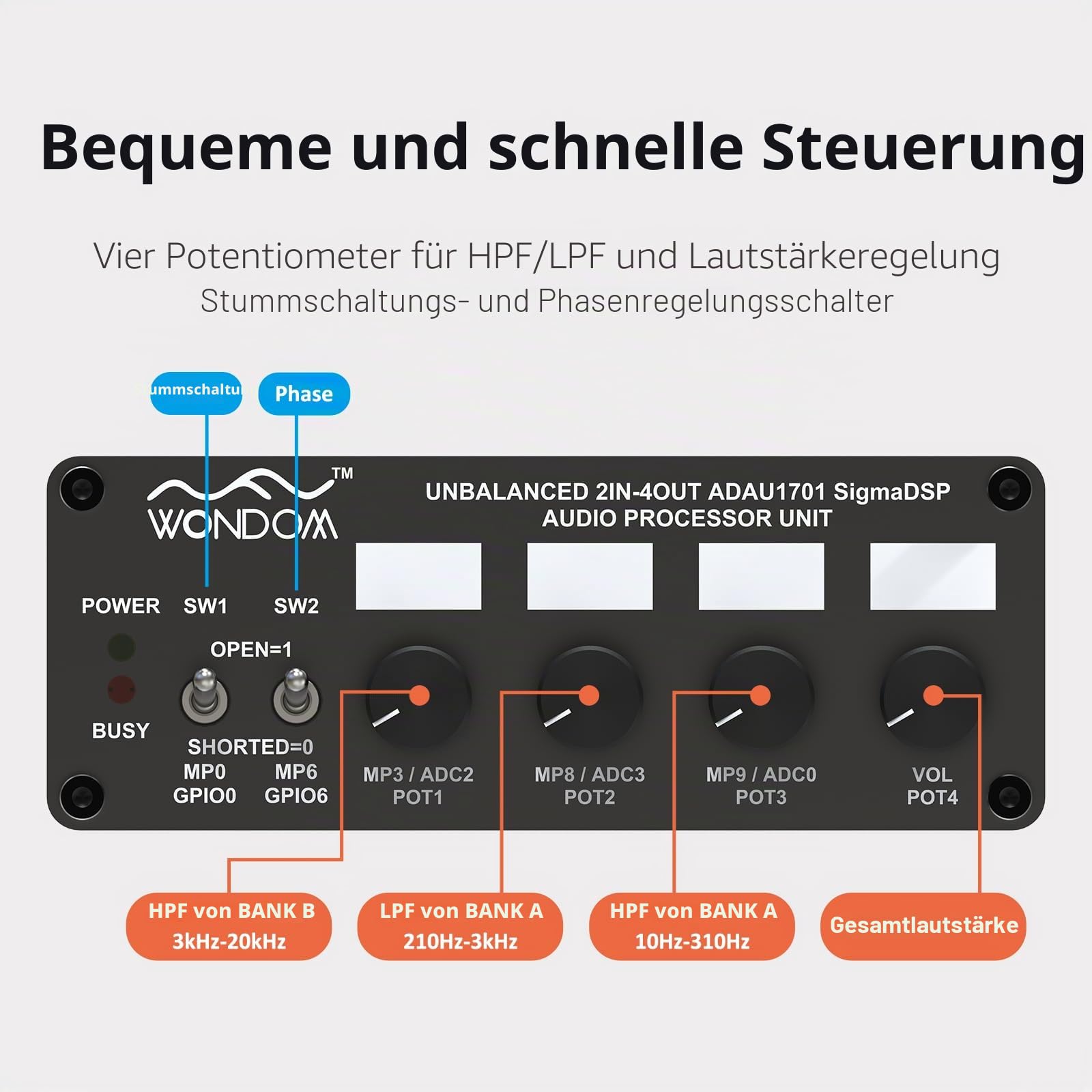 ADAU1701 2.1 4.0 DSP Digital Signal Processing Preamp Crossover 5,1 cm 4-Out Tone Board mit Höhen Bass Lautstärkeregelung Unterstützung Sigmastudio