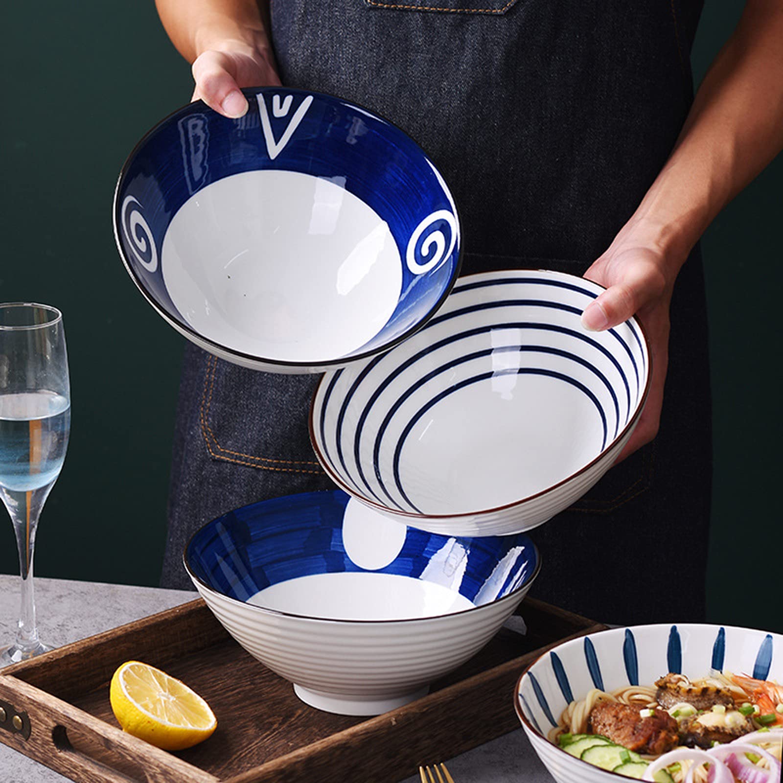 tazas de ramen, conjuntos de tazas de pasta, Cuencos de cerámica for fideos ramen, (2 piezas) Cuencos de ramen apilables Vajilla vintage for sopa, cereales, arroz, udon, fideos asiáticos, I, 1200 ML (