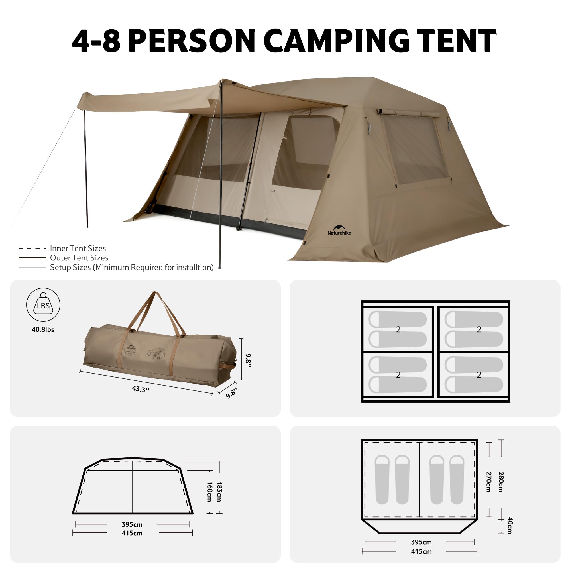 Village Lite Camping Tent, 60S Easy Setup Instant Tents for Camping, Double Layer 4/8 Person Tent with Full Rainfly