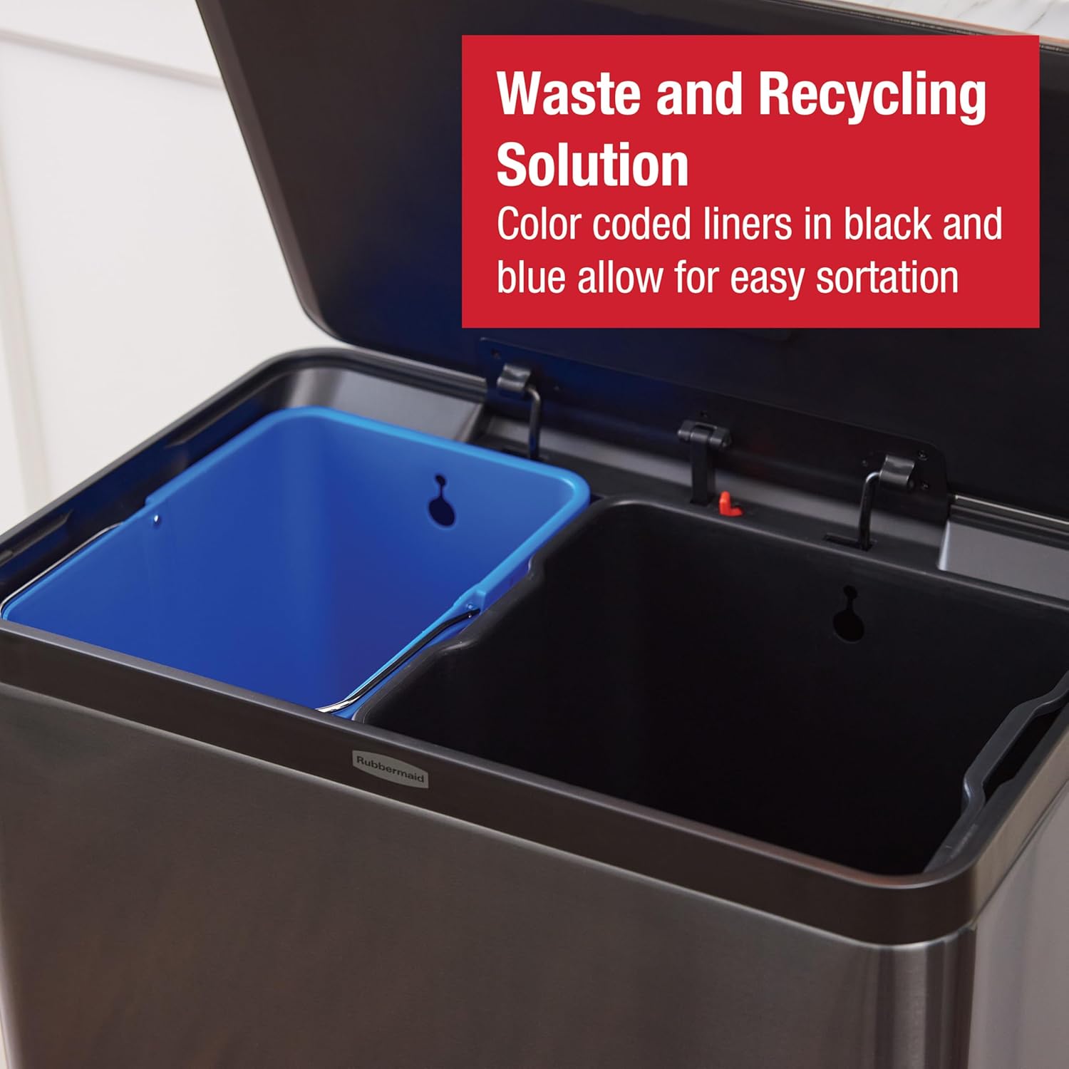 Rubbermaid Elite Stainless Steel Metal Dual Stream Step-On Trash Can for Waste and Recycling 15.9 Gallon Charcoal Trash and Recycle Bin Combo for Home/Kitchen/Garage/Apartment/Office