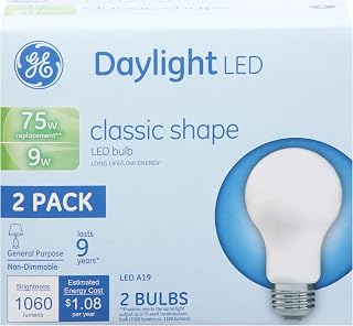 GE Classic Led Non-Dim A19 Light Bulb, 9 W, Daylight, 2/Pack
