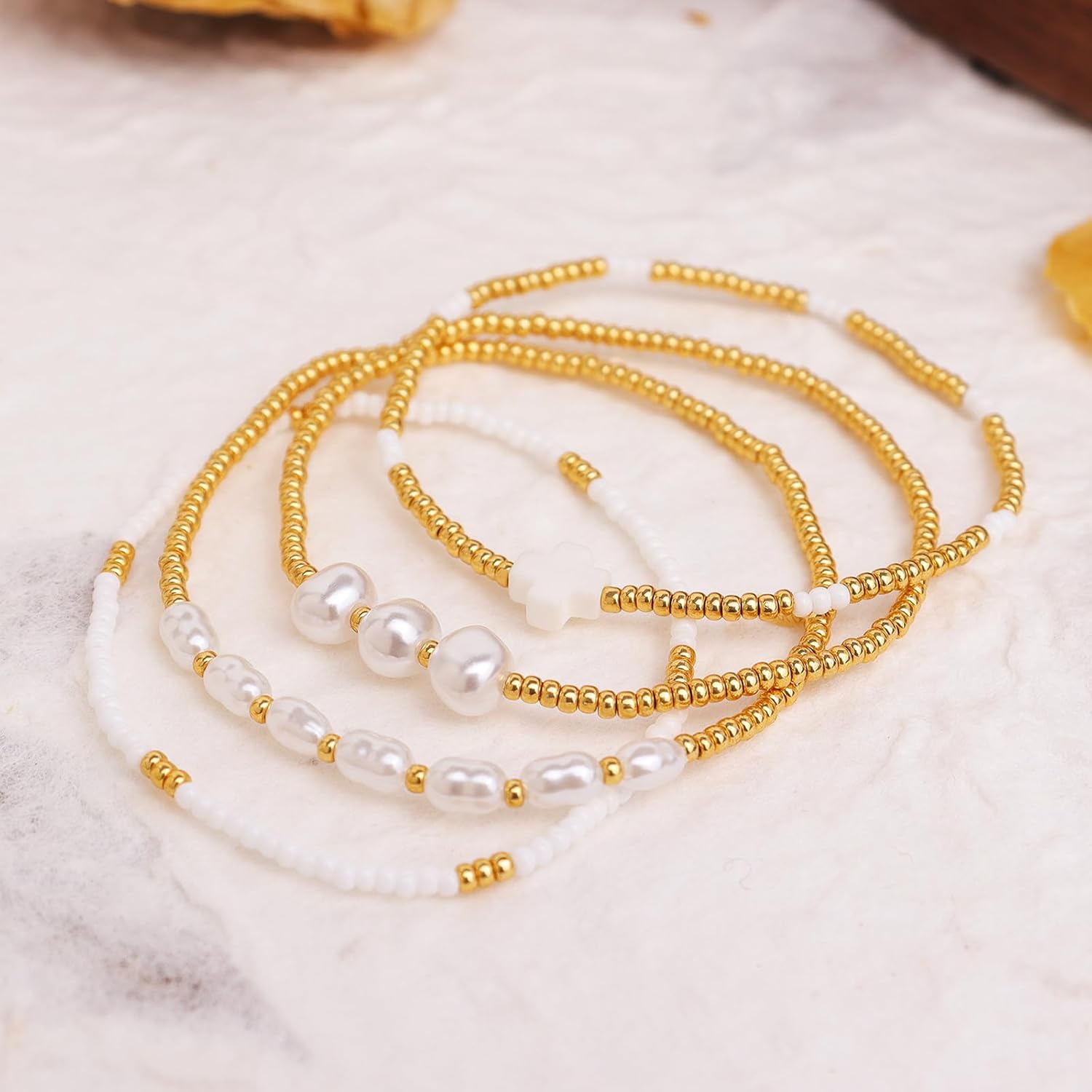 Gold Beaded Cross Stack Bracelets Set for Women, 4Pcs Trendy Boho Handmade White Small Beads Pearl Stackable Stretch Bracelet Outfit Accessories Jewelry Gift. - Image 6