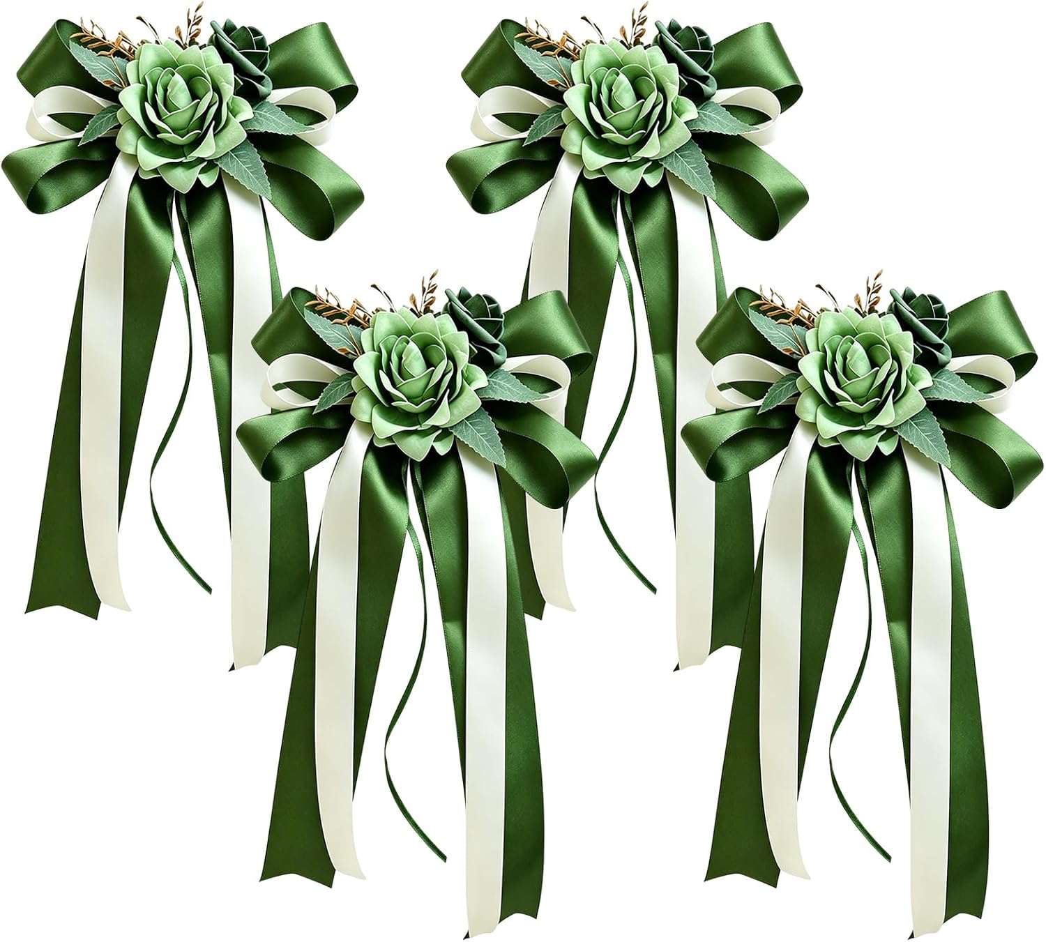 4 PCS Elegant White Artificial Flower Bow Set, Car Decoration for Wedding Door Handles and Mirrors, Romantic Floral Decor for Just Married Vehicles (4, Green)