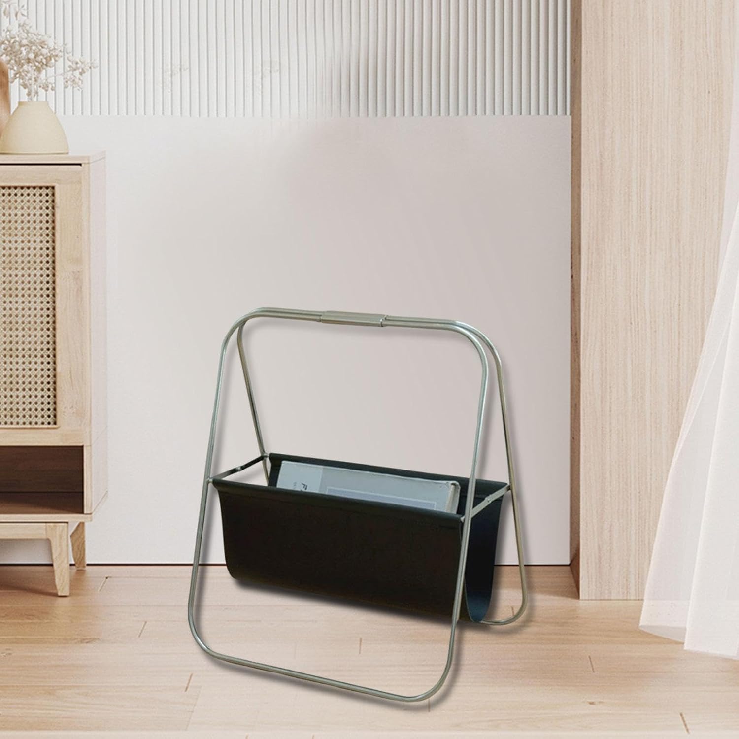 Magazine Holder Stainless Steel Brochures Multifunctional Information Rack PU Leather Shopping Malls Bedroom, Black