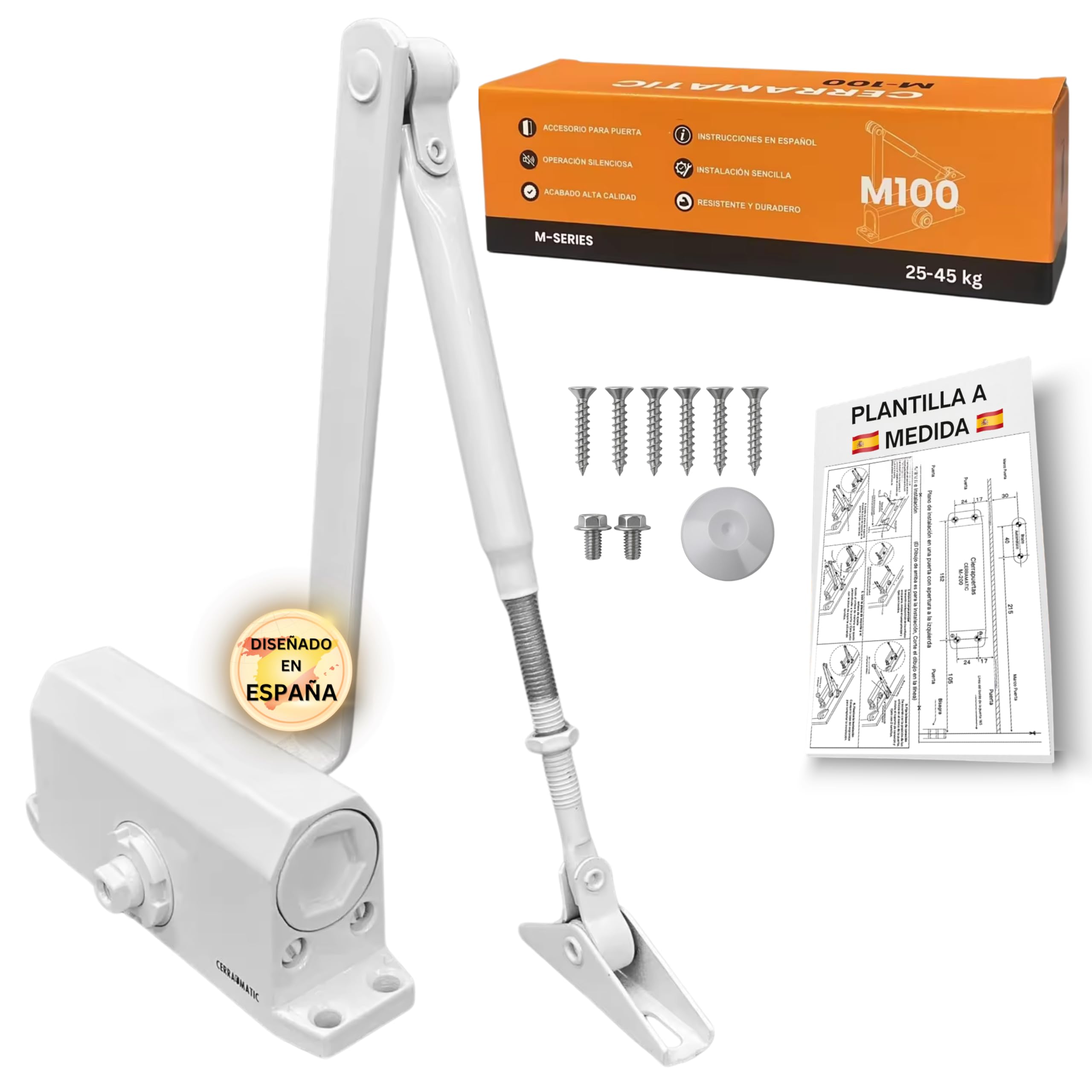 M-100, Cierrapuertas automatico, muelle puerta con brazo articulado hidráulico, muelle cierrapuertas de 25-40kg, cierre puerta, cierra puertas automatica.