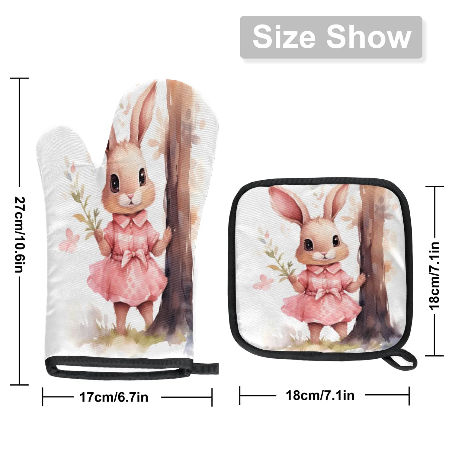 Rabbit Flowers Oven Mitts Kitchen Oven Gloves for Cooking Baking Heat Proof Lining Cotton Kitchen Potholder Mittens Pot Holders Hot Pads for Chef Women Men