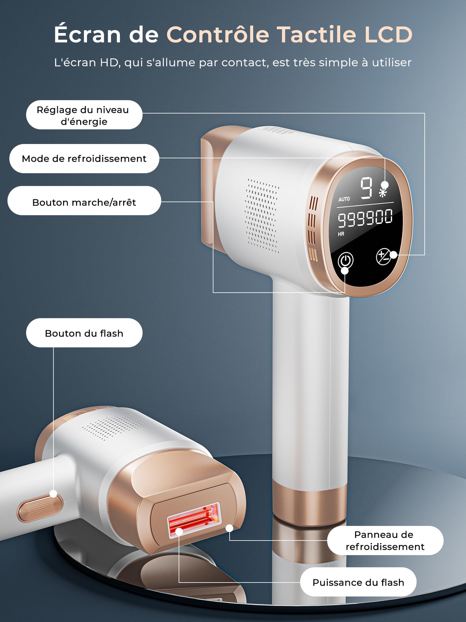 Épilateur Lumière Pulsée avec Fonction de Refroidissement, Épilation Laser sans Douleur avec 9 Niveaux D'énergie pour Femmes et Hommes, Visage, Aisselles, Bikini, Jambes, Corps, Blanc