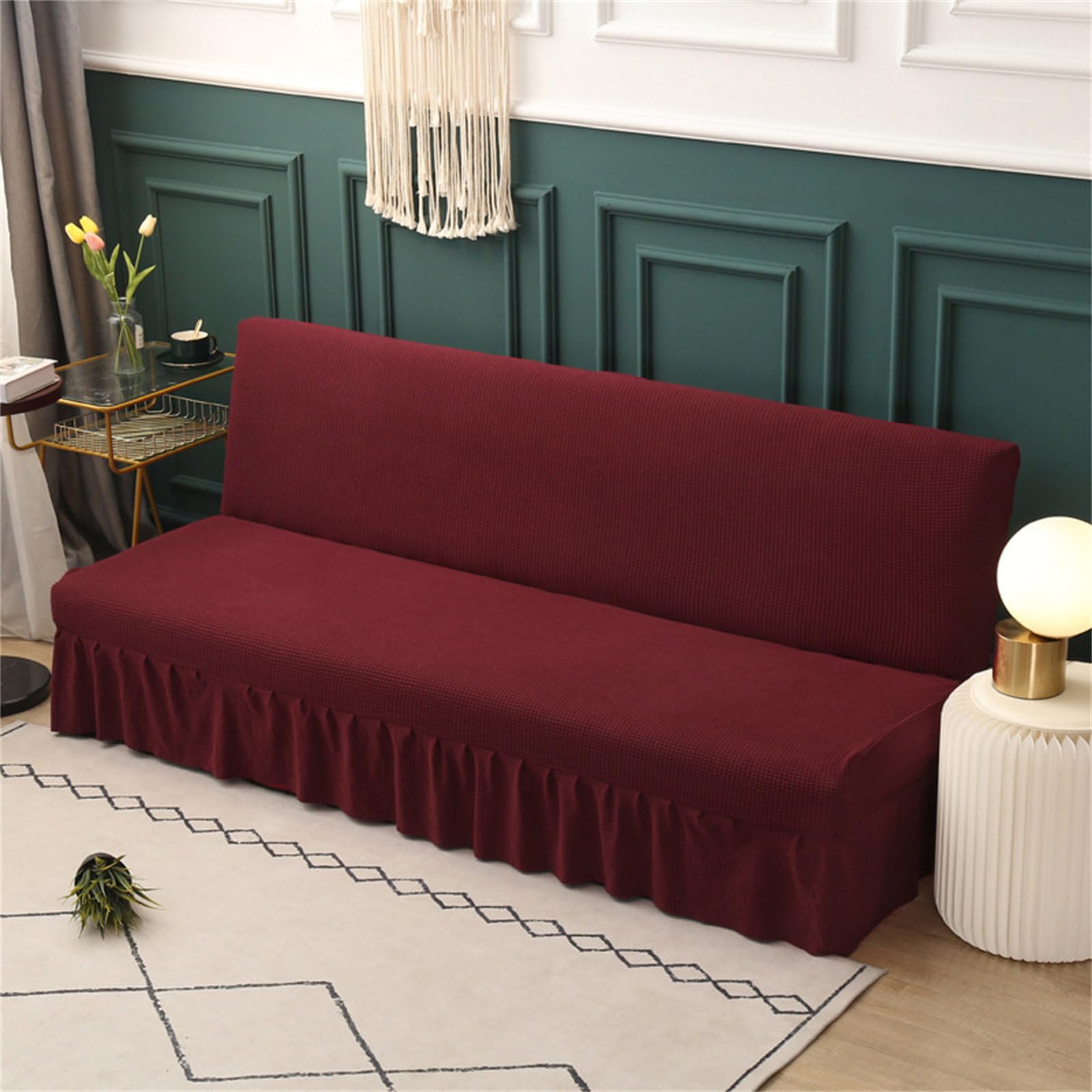 Odot Armless Sofa Bed Cover With Skirt, Jacquard Sofa Cover 3/2/1 Seater, Stretch Sofa Slipcovers, Washable Non Slip Universal Sofa Cover, Folding Sofa Bed Slipcover (S(47-59Inch),Wine red)