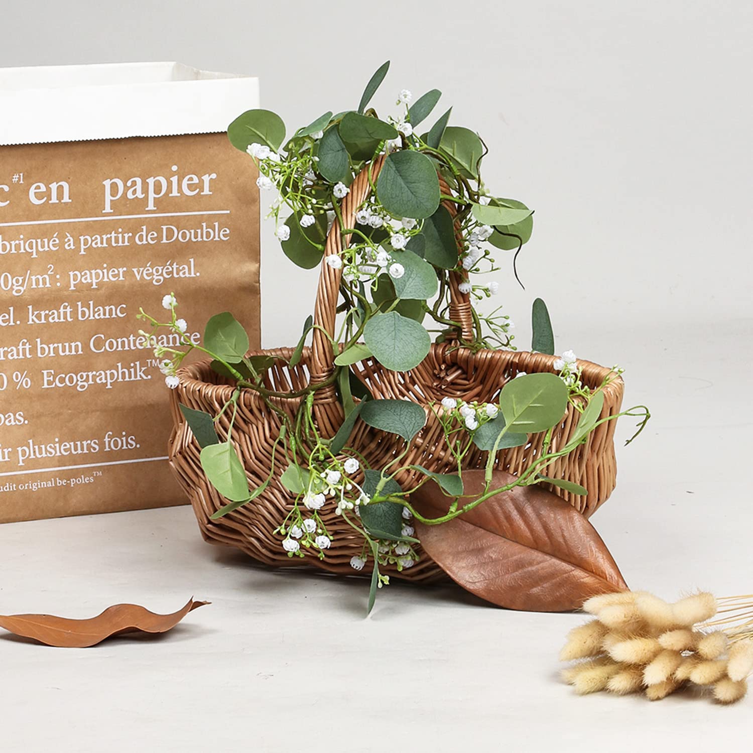 2 Pack Artificial Eucalyptus Garland with Baby Breath Flowers 5.57Ft Faux Gypsophila Vine Hanging for Wedding Arch Garden Porch