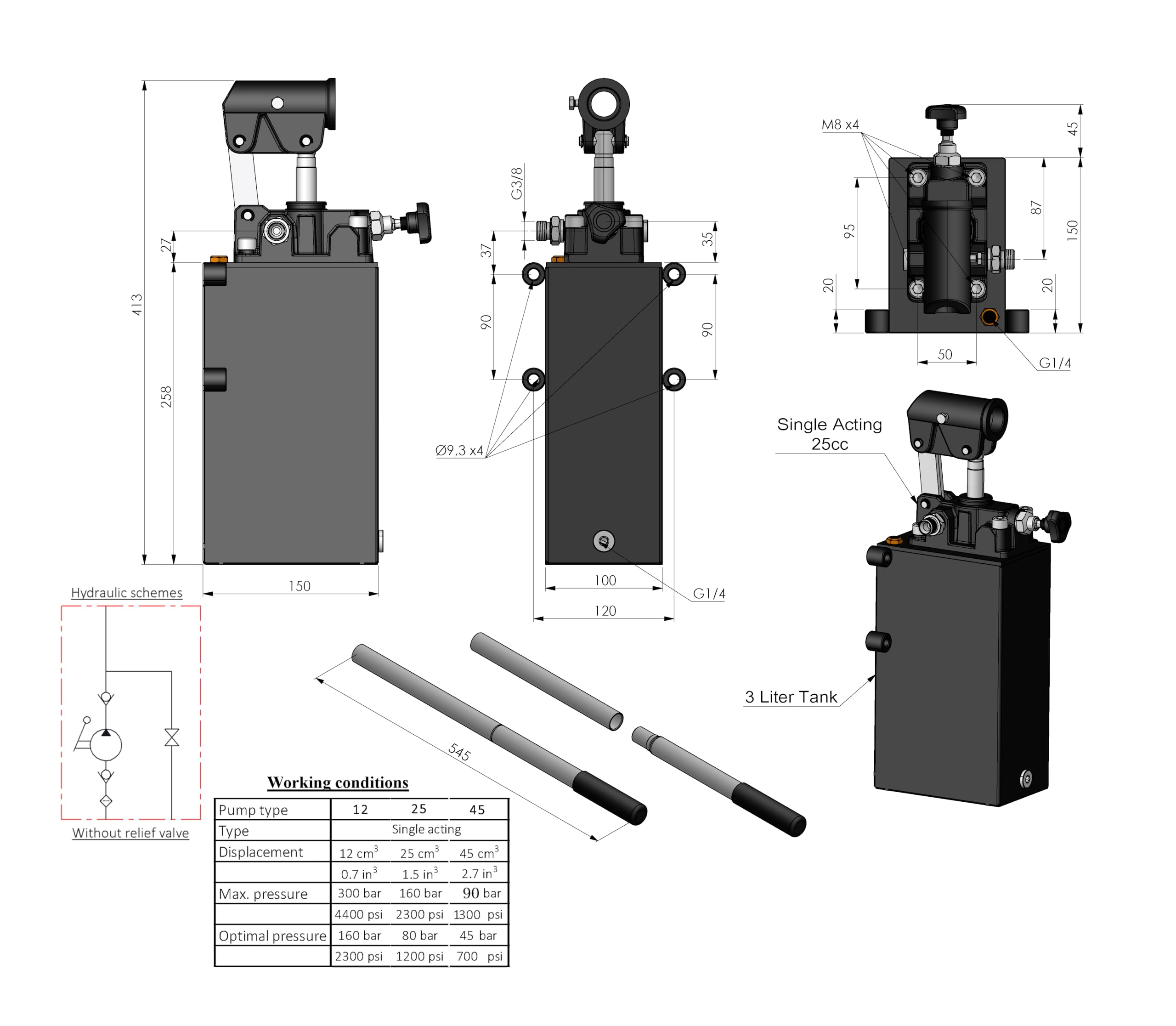 Hydraulische Handpumpen Einfachwirkende 12-25 - 45cc, Öltank 1-3-5 Lt. (E.W. 25 ccm 3 lt Tank)