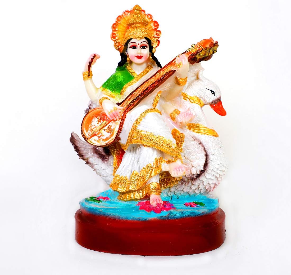 Goddess Saraswati Idol with Veena and Swan Maa Saraswati Murti for Home Temple Pooja Room Study Table Mandir Saraswati Mata Idol Statue for Saraswati Puja Basant Panchami Diwali (8 Inch) 1002