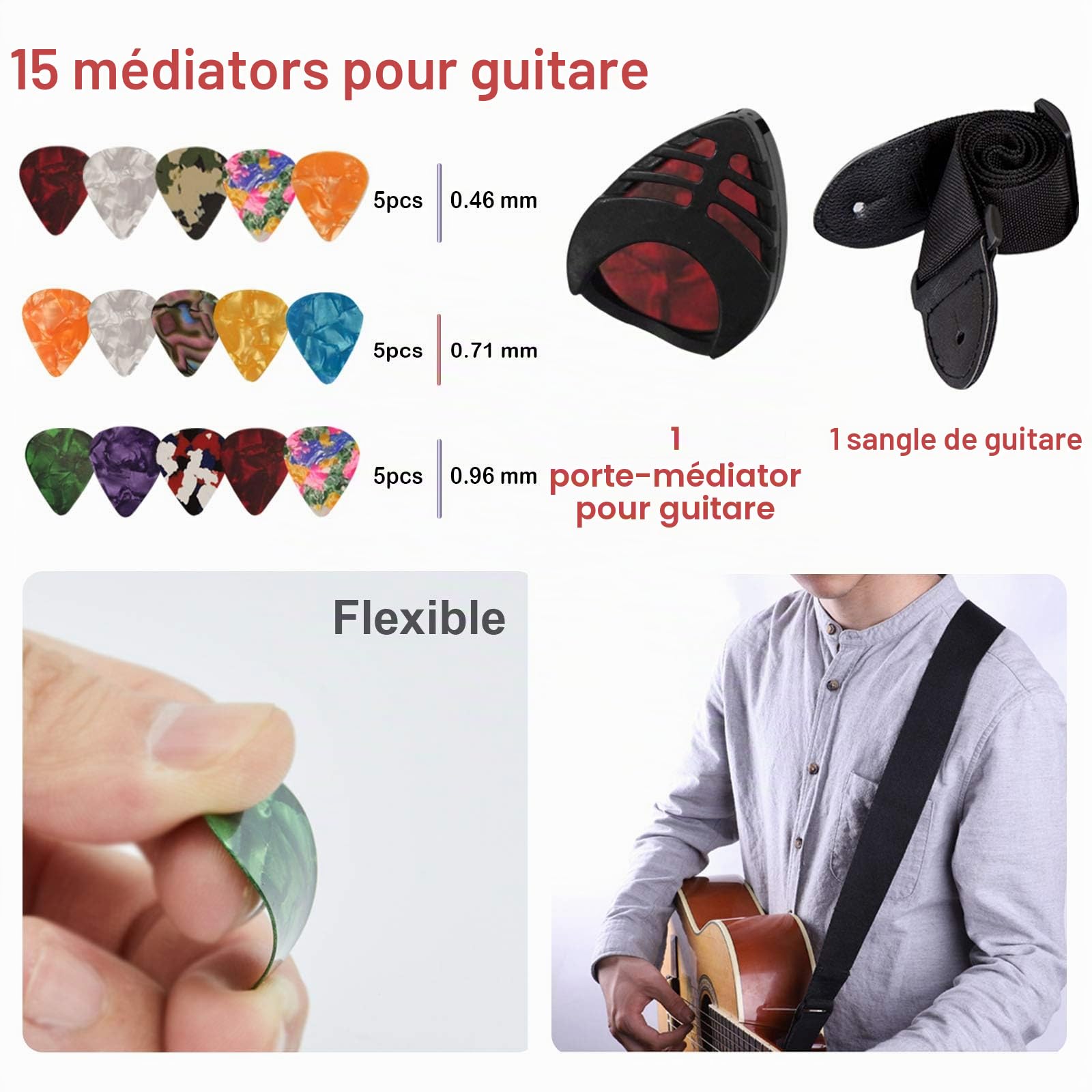 Kit Accessoire Guitare,TTCR-II 78 Pièces avec Support Guitare Capodastre Guitaren,15 Mediator Guitaren,3 set Cordes Acoustique,Accordeur,Enrouleur de Cordes,Sangle etc