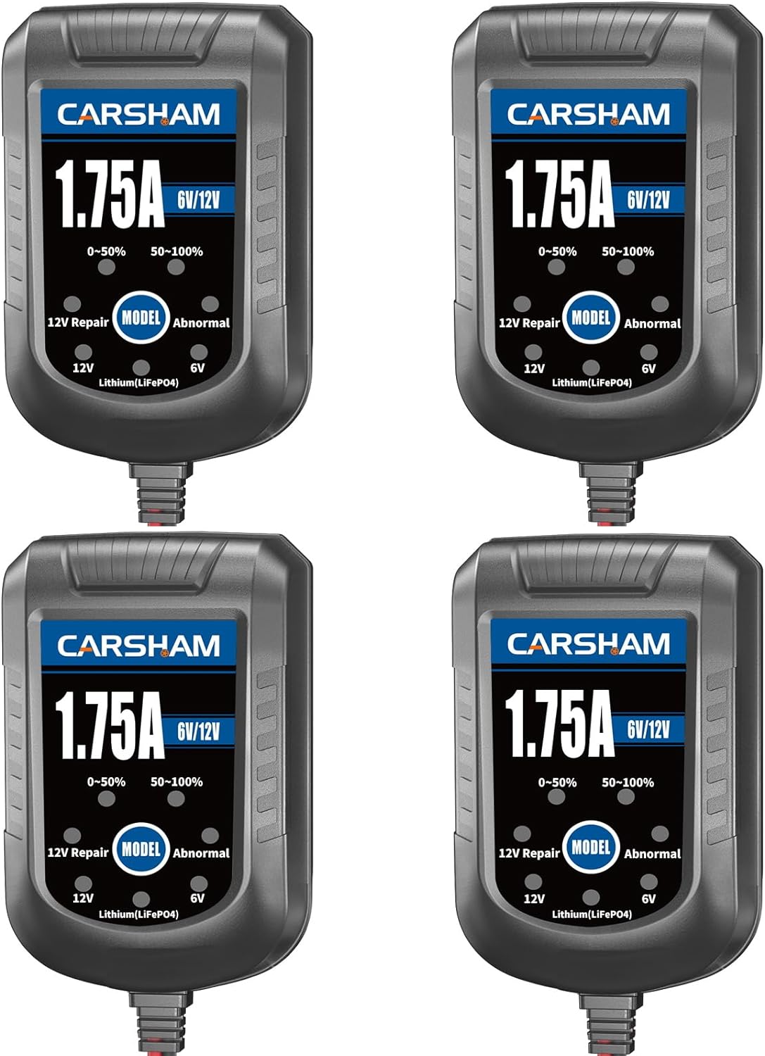 [4-Pack] CARSHAM Trickle Battery Charger 6V 12V Smart Float Charger Automatic Maintainer for Car Motorcycle Lawn Mower Tractor Automotive ATV Lead Acid and Lithium Batteries