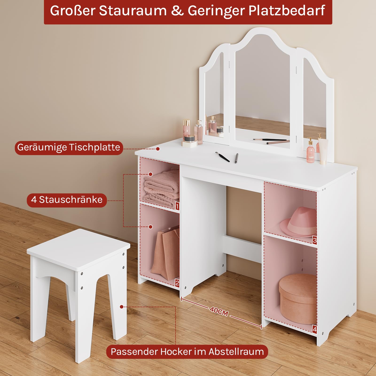 WOLTU Kinder Schminktisch mit Hocker Spiegel, Abnehmbarer Dreifachspiegel, Kleiner Frisiertisch mit 4 offenen Fächern, verstellbare Einlegeböden, Mädchen Kosmetiktisch, weiß, MDF, MB6120ws