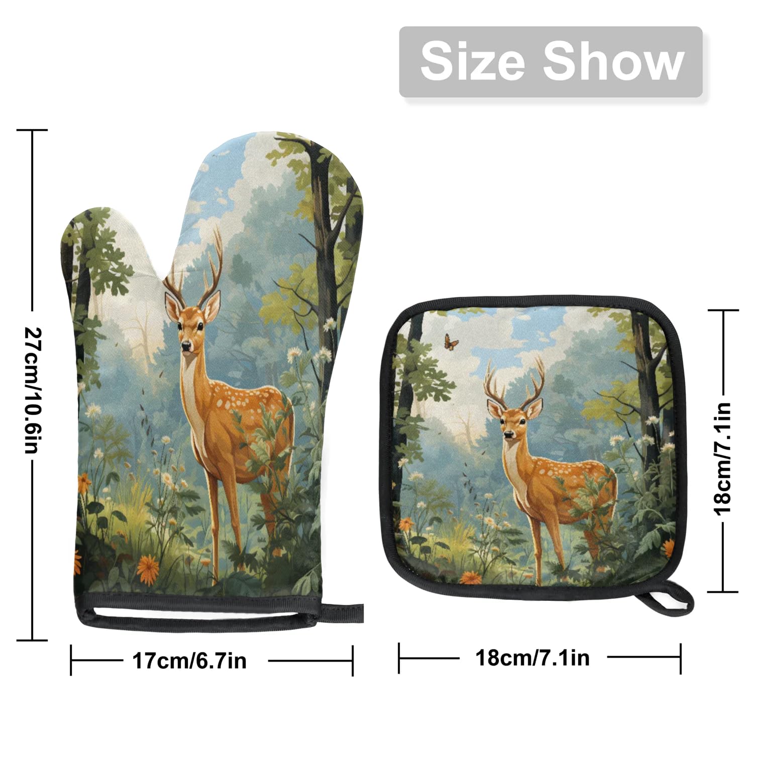 Deer Flowers Oven Mitts Kitchen Oven Gloves for Cooking Baking Heat Proof Lining Cotton Kitchen Potholder Mittens Pot Holders Hot Pads for Chef Women Men